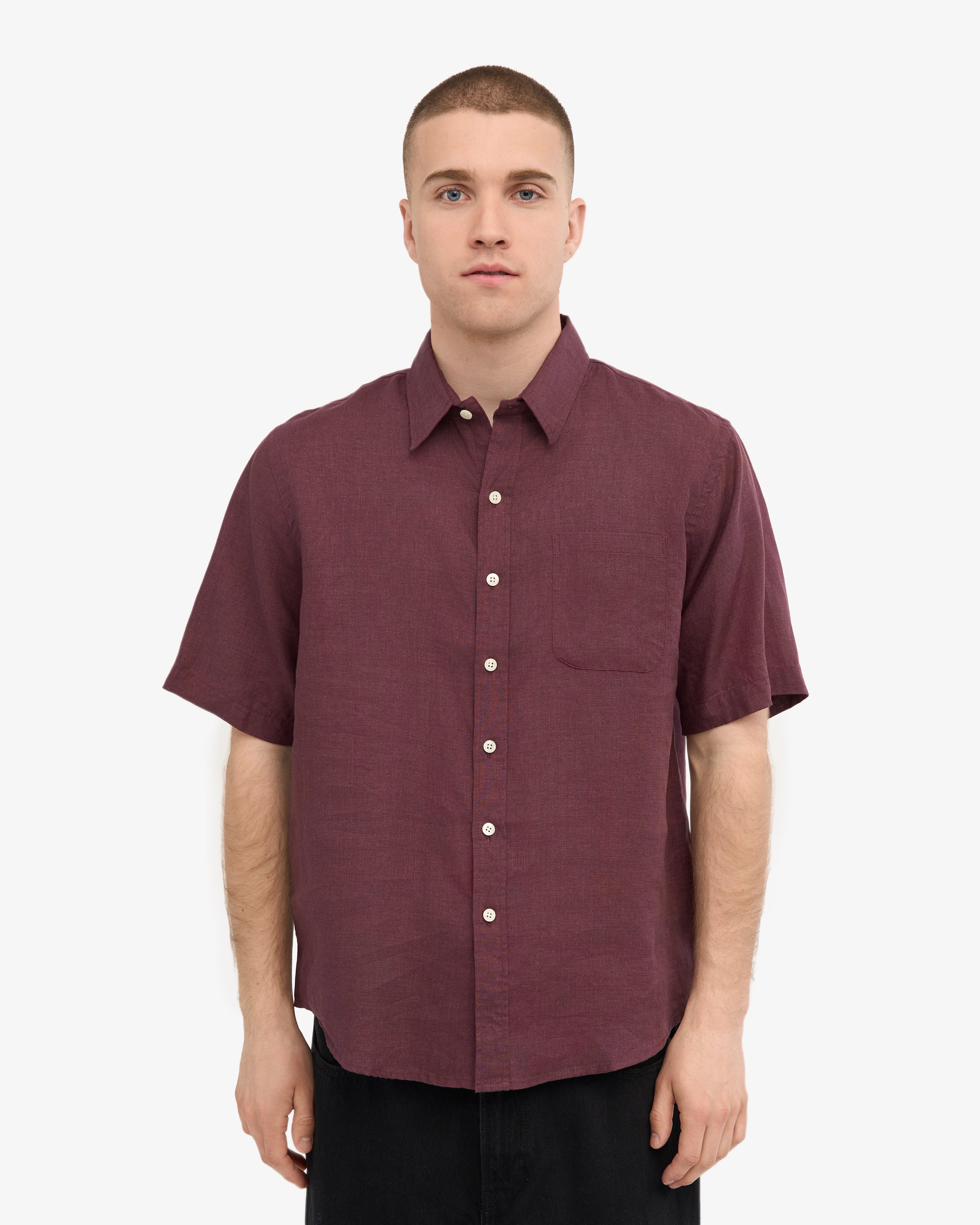 Premium Linen Short Sleeve Shirt for Men - Oxblood Red | Breathable Summer Casual Wear | Perfect for Beach, Vacation & Outdoor Activities