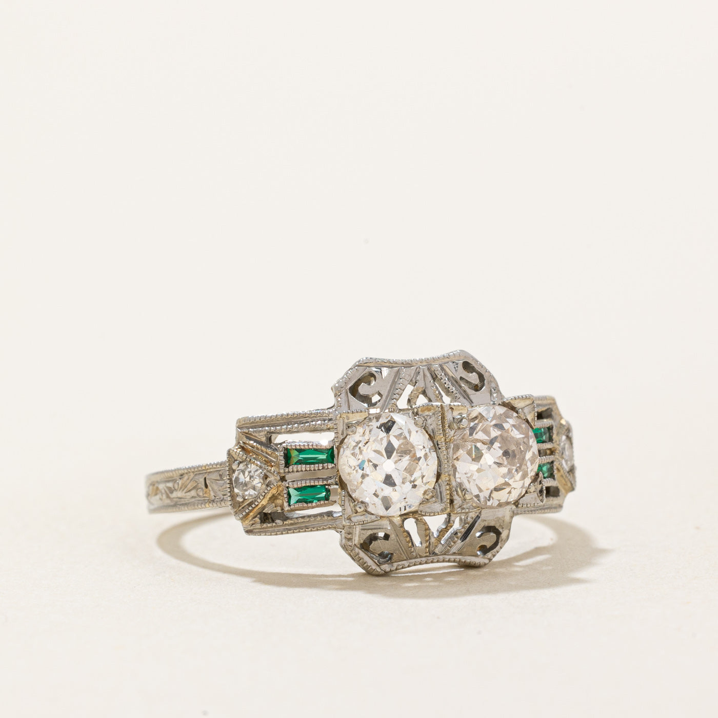 Vintage European Diamond & French Cut Paste Glass Ring - 0.76ctw Total, 0.08ctw Center Stone - Size 6.25 - Elegant Antique Jewelry for Weddings, Anniversaries & Special Occasions