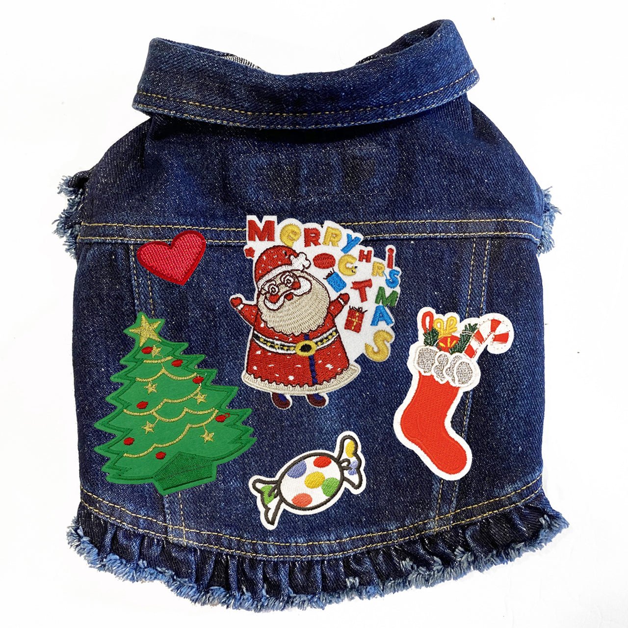 Christmas Denim Ruffle Jacket with Santa Embroidery - Women's Festive Holiday Party Coat for Xmas Dinner & Family Gatherings