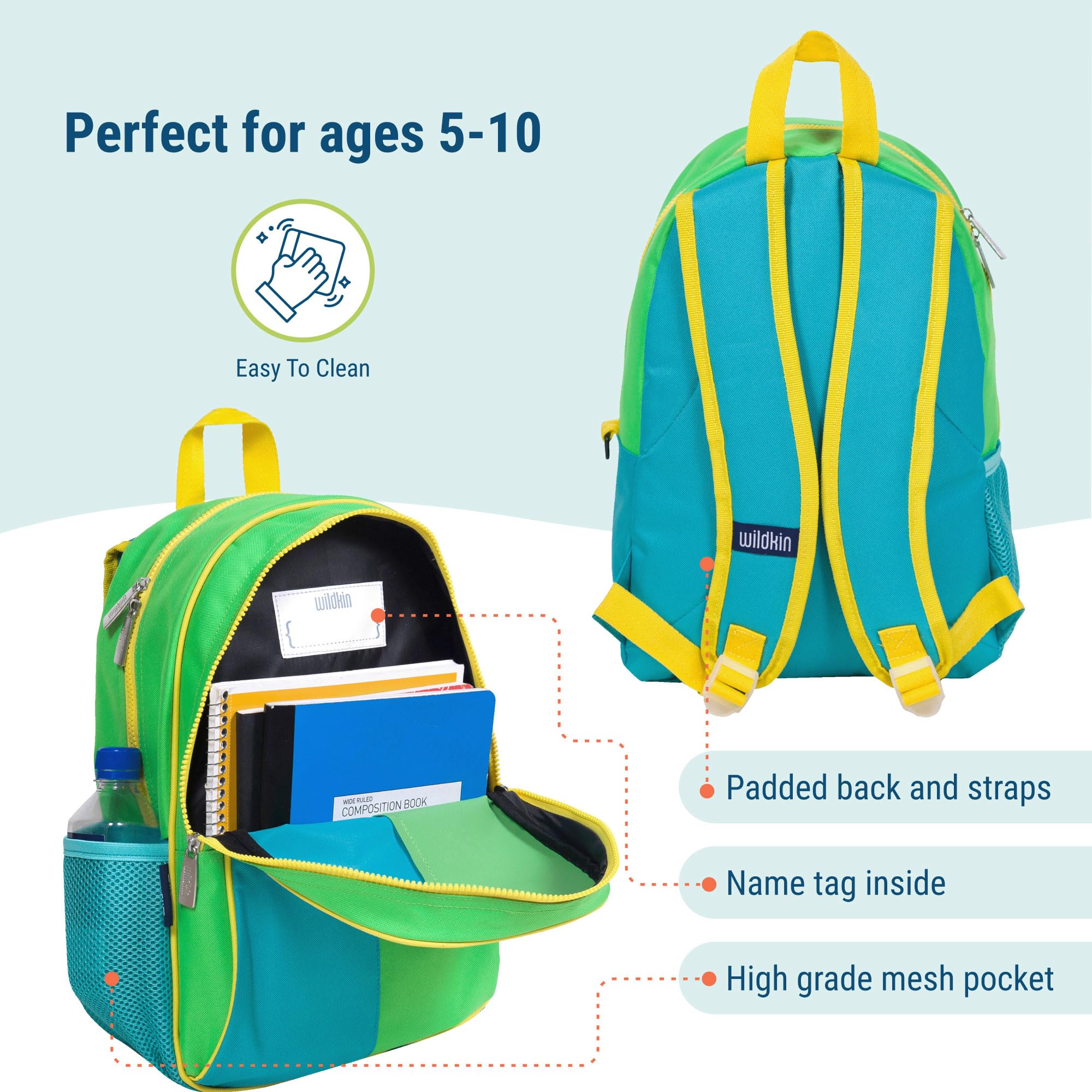 Wildkin 15-inch Kids Backpack - Durable Padded School Backpack with Adjustable Straps for Boys & Girls - Monster Green - Perfect for Elementary School, Day Trips & Outdoor Adventures