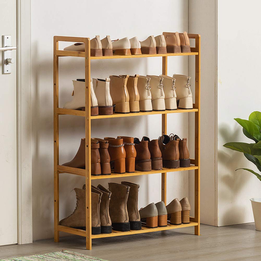 4-Tier Adjustable Wooden & Bamboo Shoe Rack Organizer - Space Saving Entryway Storage for Boots, Sneakers & High Heels - Perfect for Bedroom, Closet & Mudroom Organization