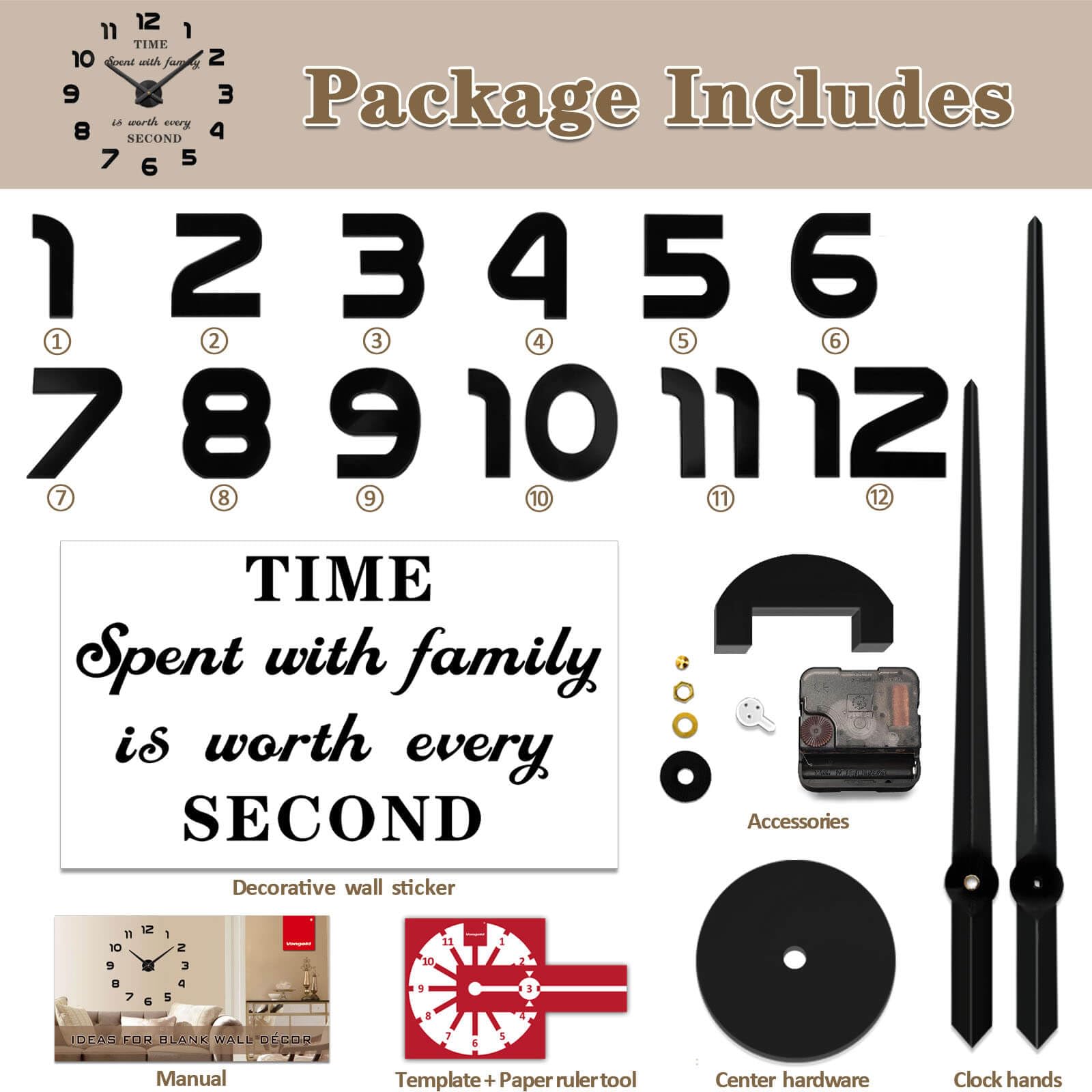 VANGOLD Large Wall Clock for Living Room Decor - 16 Inch Silent Non-Ticking Battery Operated Wall Clock - Modern Black Wall Art for Home, Office, Bedroom & Kitchen