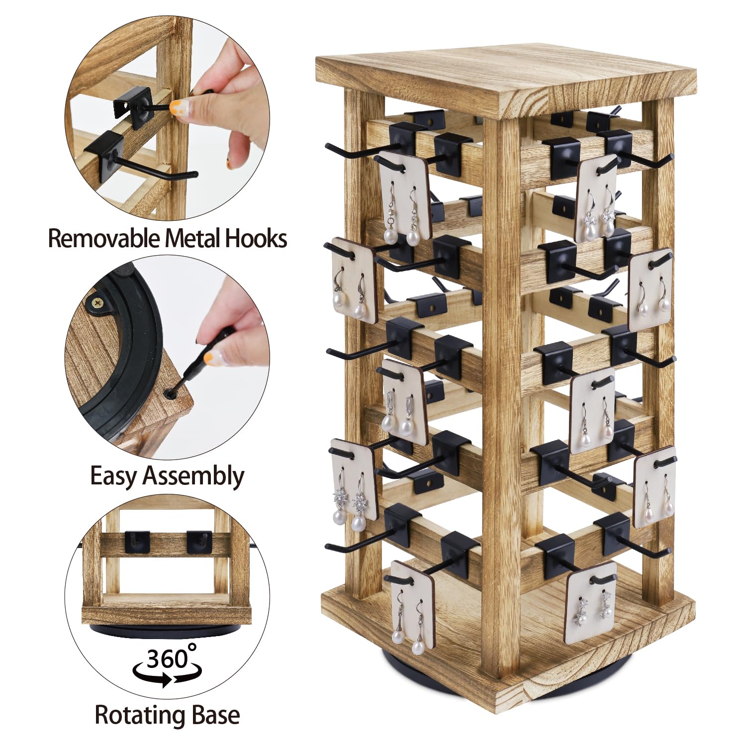 Ikee Design Wood Rotating Jewelry Display Stand with 42 Removable Hooks - 5-Tier Earring Organizer in Oak Finish for Boutique, Home & Retail Store Display