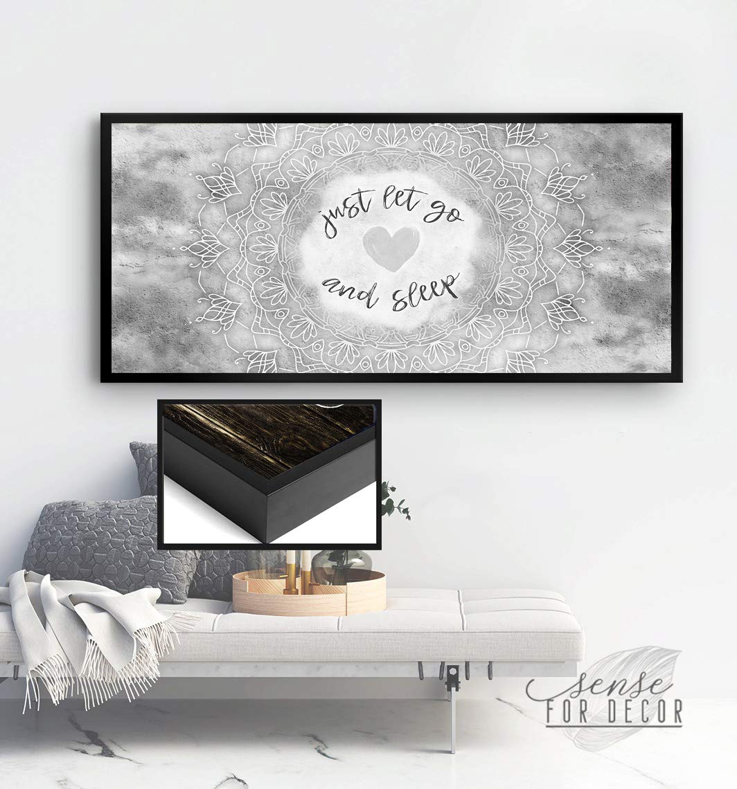 Boho Just Go And Sleep Large Canvas Wall Art - Bohemian Mandala Wall Decor for Master Bedroom, Above Bed Decor (Grey & Black Floating Frame 42x19) - Perfect for Meditation Spaces & Boho Chic Home Decor