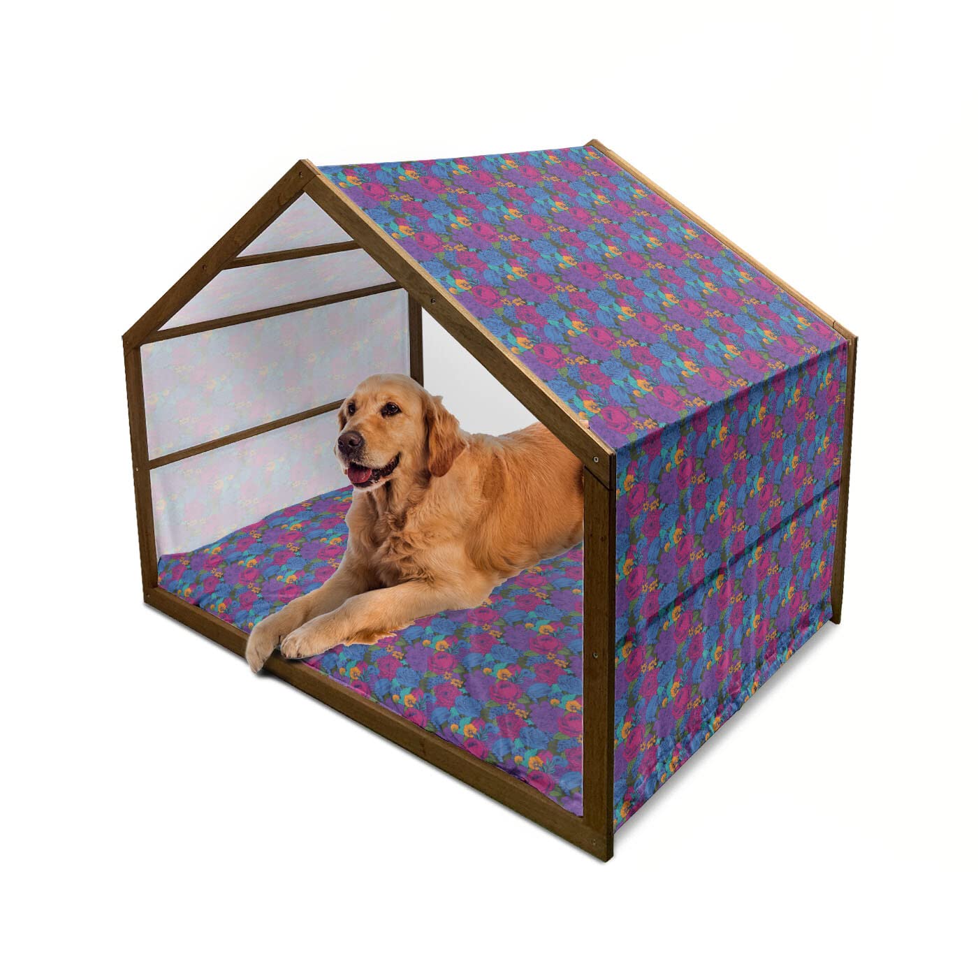 Ambesonne Floral Wooden Dog House - Vintage Bouquet Boho Design Indoor/Outdoor Portable Pet Kennel with Pillow & Cover, X-Large Multicolor - Perfect for Backyard, Patio, or Home Decor
