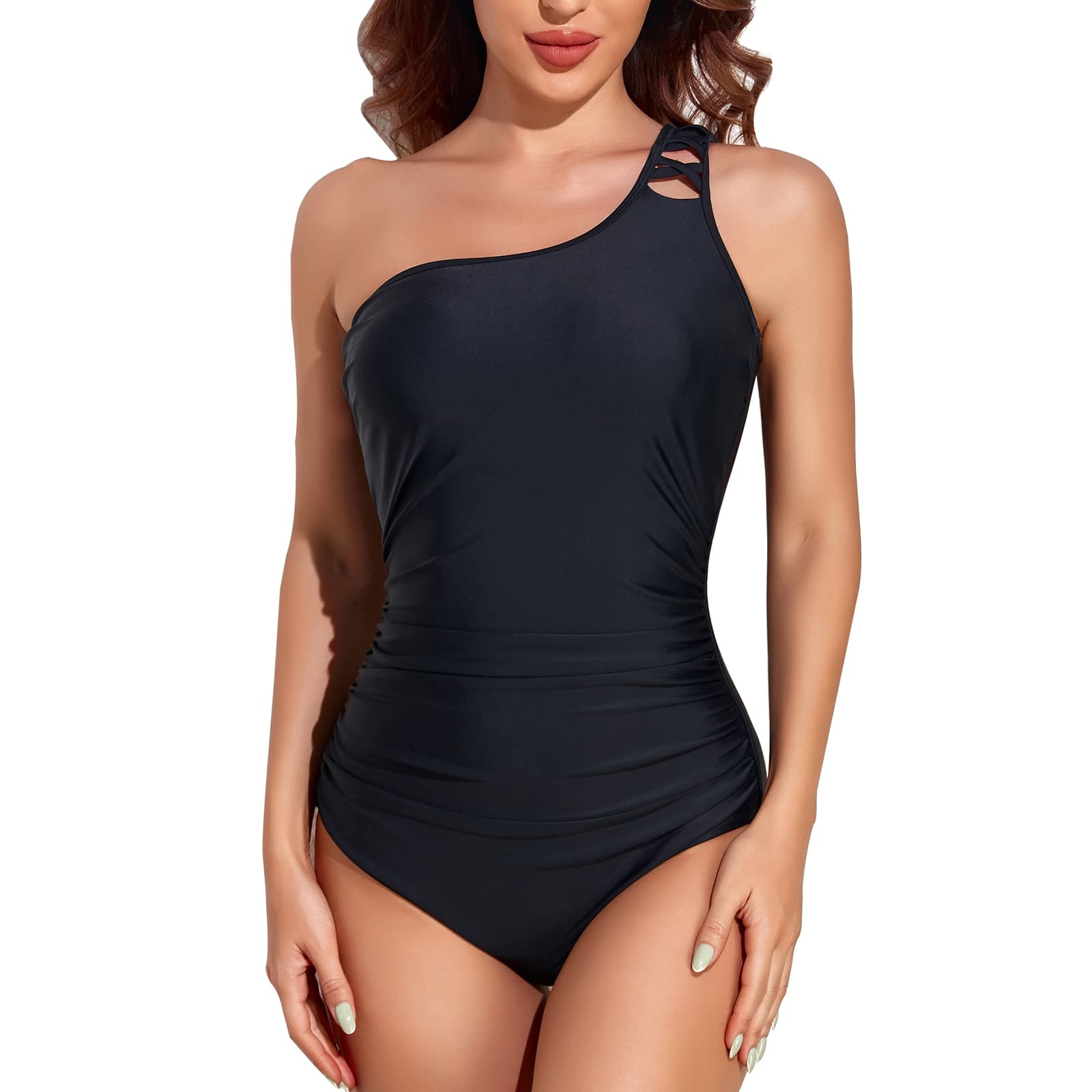 Smismivo Women's One Shoulder One Piece Swimsuit - Asymmetric Ruched Keyhole Bathing Suit for Beach, Pool & Vacation | Flattering Swimwear for Summer