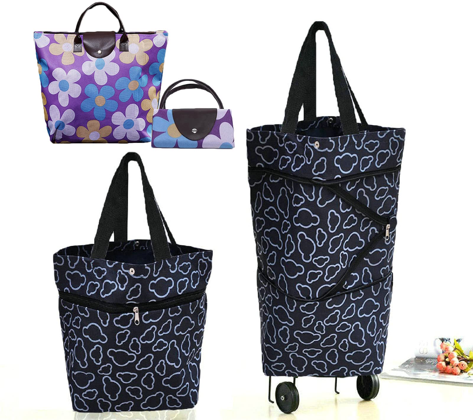 Foldable Reusable Shopping Bags - Collapsible Grocery Trolley Bags for Supermarket, Travel & Home Kitchen Use - Durable & Eco-Friendly Shopping Cart Bags for Daily Errands & Grocery Hauling