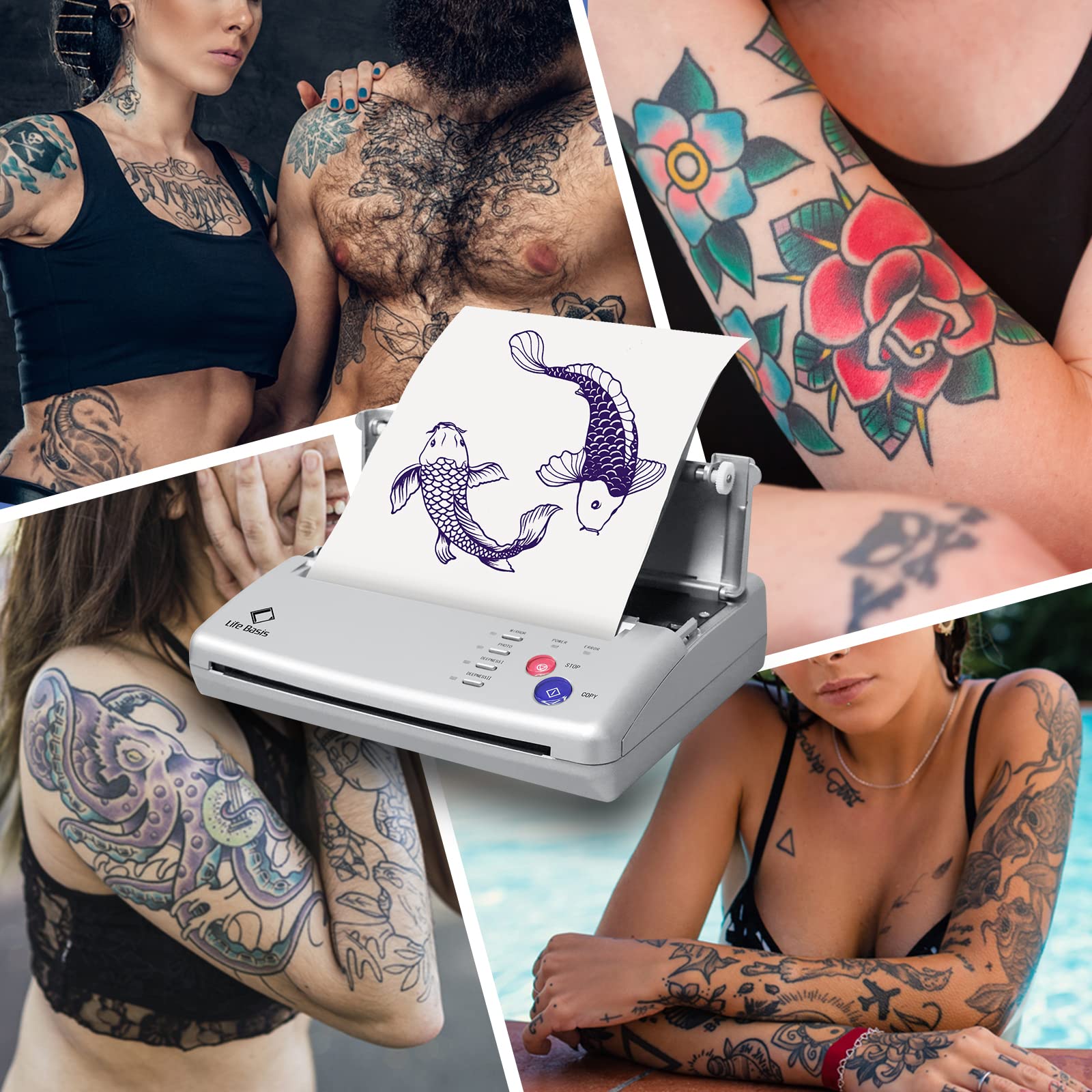Professional Thermal Tattoo Stencil Printer Machine Kit - LifeBasis Tattoo Transfer Stencil Maker with 20 Sheets Transfer Paper for Tattoo Artists & Beginners - Perfect for Home Studios & Professional Tattoo Shops