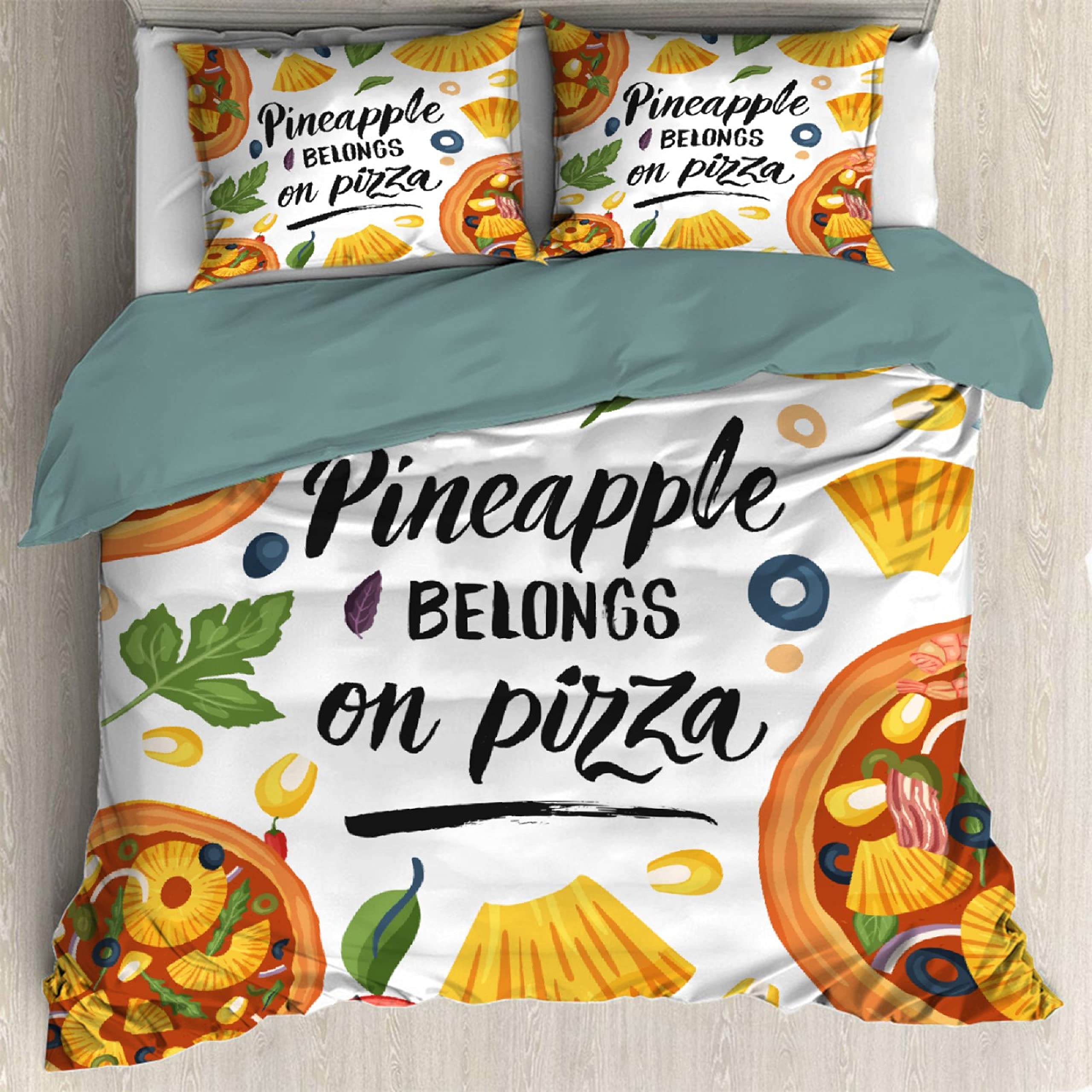 King Size Pineapple Pizza & Corn Duvet Cover Set - 3 Piece Soft Comforter Cover with Zipper + 2 Pillow Shams (104x90 inches/264x230cm) - Fun Food Themed Bedding for Teen Rooms, College Dorms & Pizza Lovers
