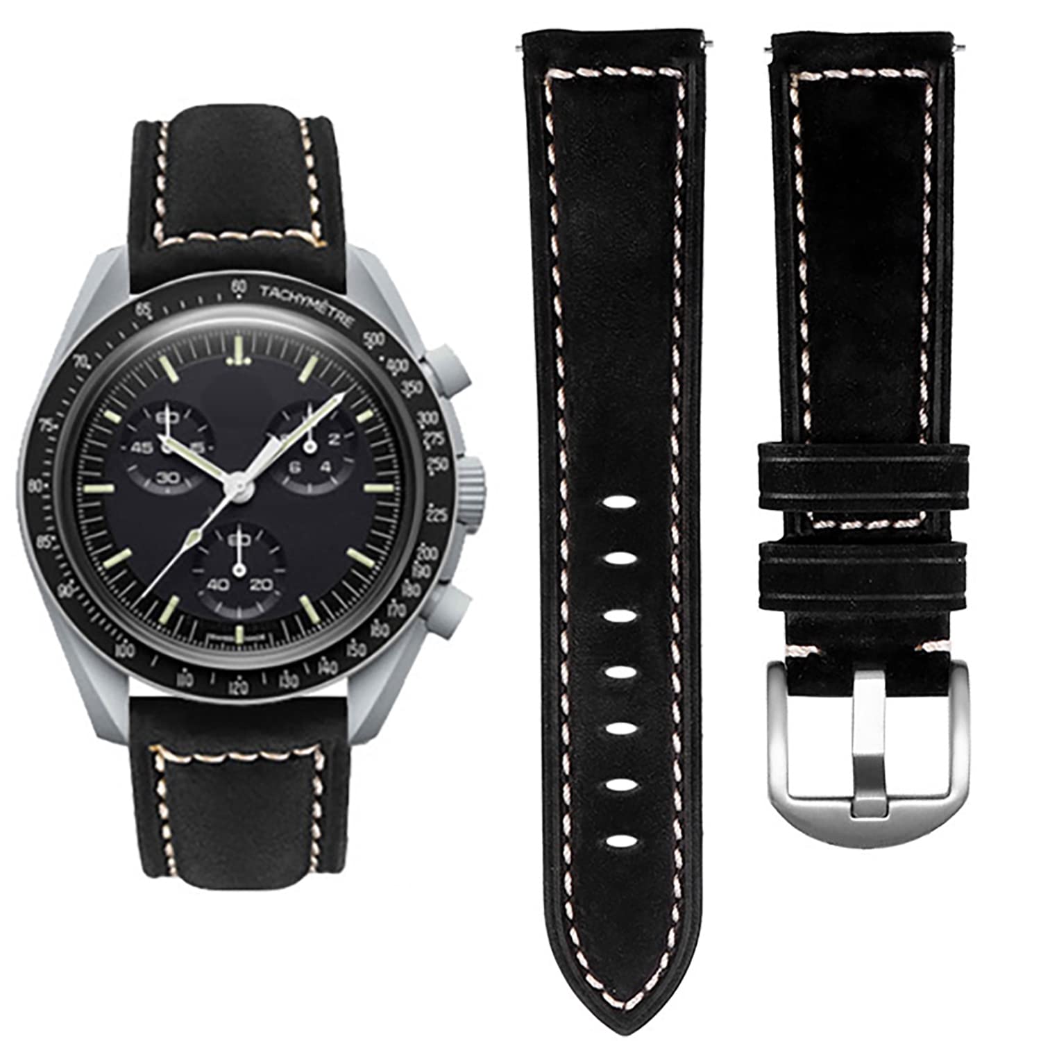 Genuine Leather 20mm Watch Strap for Omega x Swatch MoonSwatch - Replacement Band for Speedmaster & Rolex Watches - Dress & Casual Wear