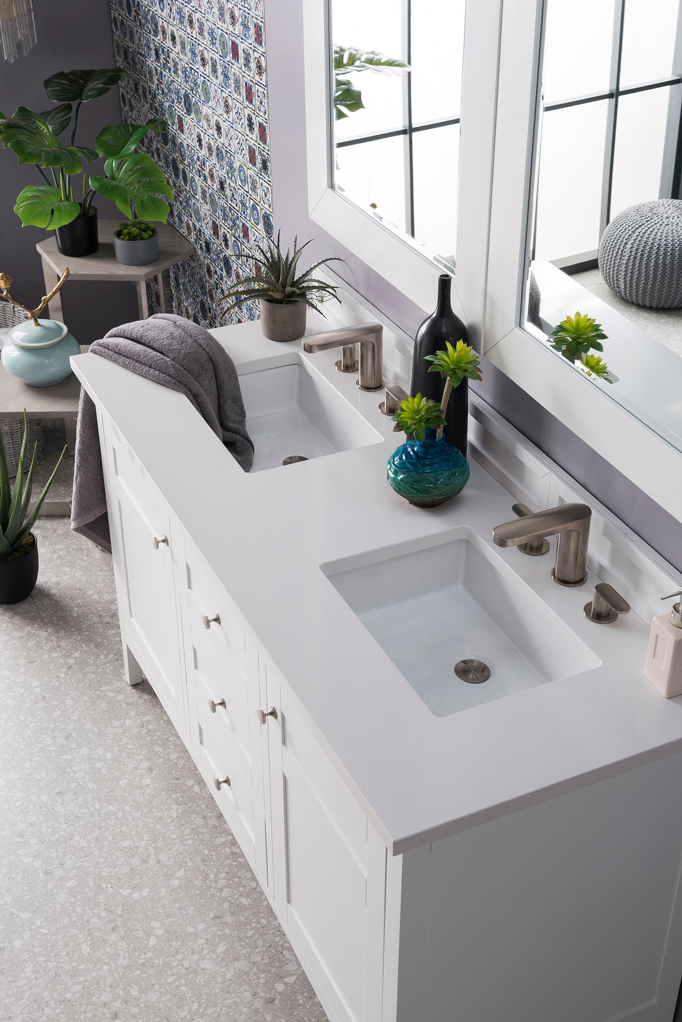 Palisades 60 Inch Double Bathroom Vanity Set with White Zeus Quartz Countertop - Bright White Finish for Modern Bathroom Remodel, Perfect for Master Bath or Guest Bath Upgrade