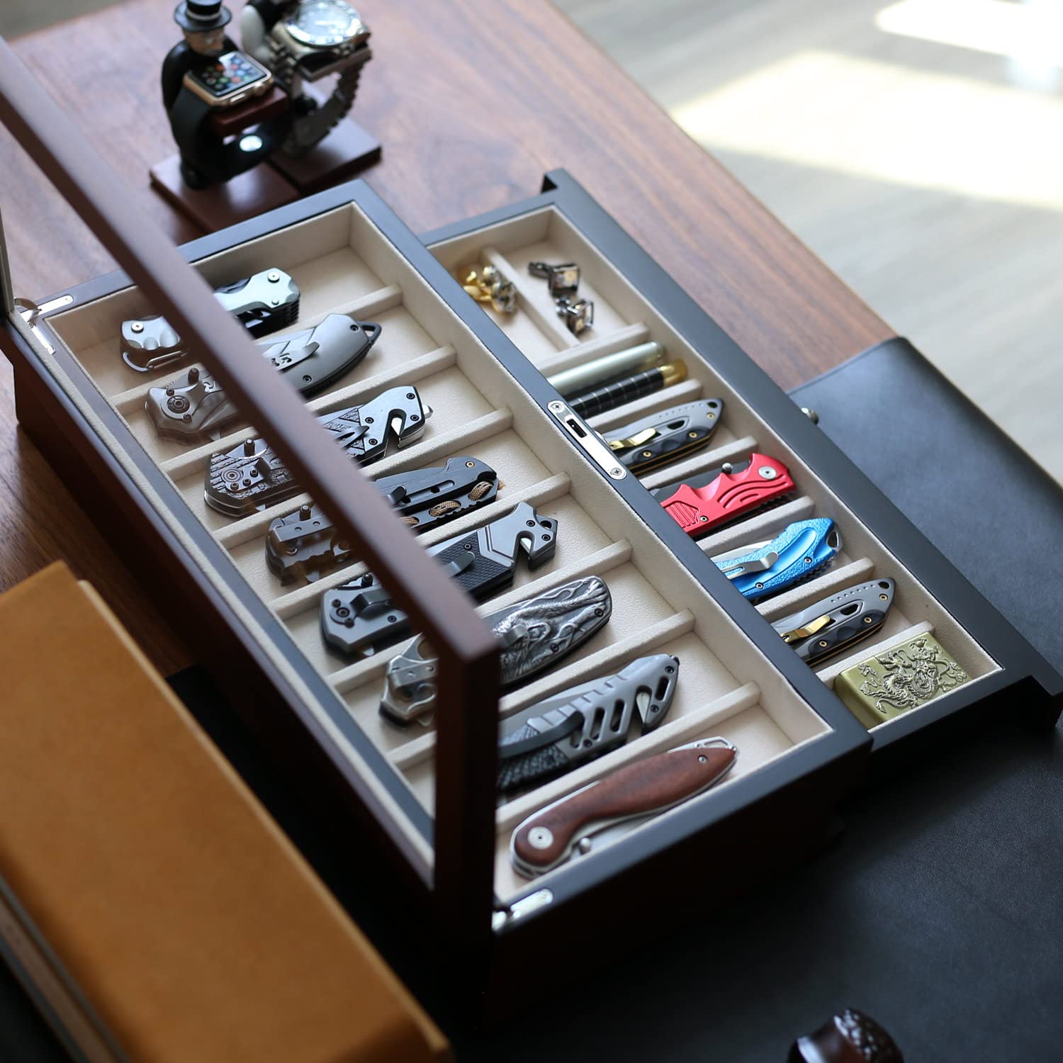 Premium Walnut Folding Knife Display Case - 2-Tier Organizer with Real Glass Top for 15-17 Pocket Knives | Collector's Storage Box with Drawer | Perfect for Men's Knife Collections, Home Office & Hunting Cabin Decor