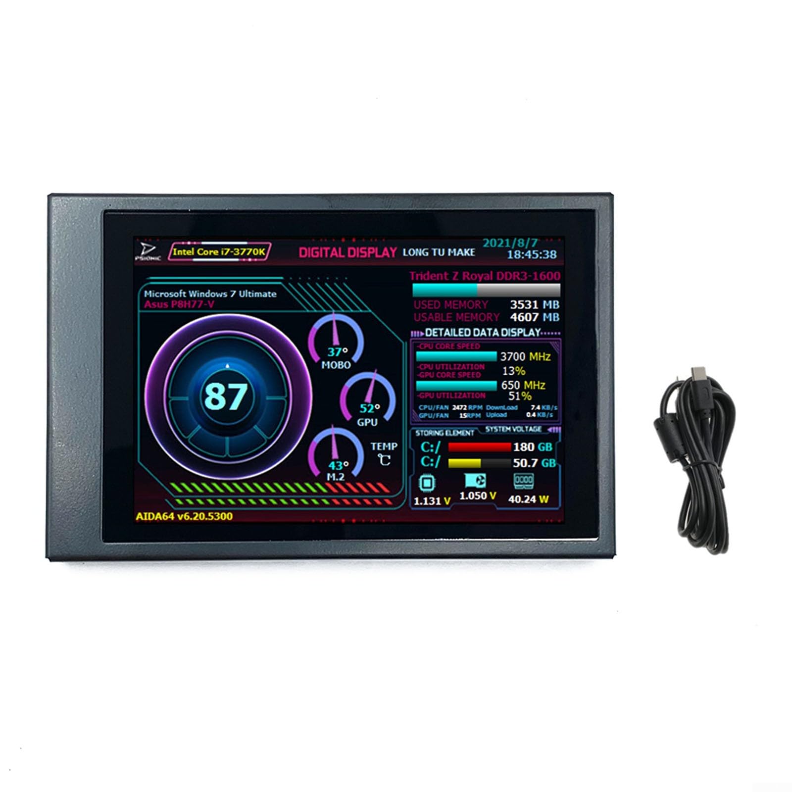 3.5 Inch IPS USB Mini Screen - PC CPU RAM HDD Temperature Monitor with AIDA64 Support | USB-C Secondary Display for Computer Case | Perfect for Gaming Rigs, Workstations & PC Build Monitoring