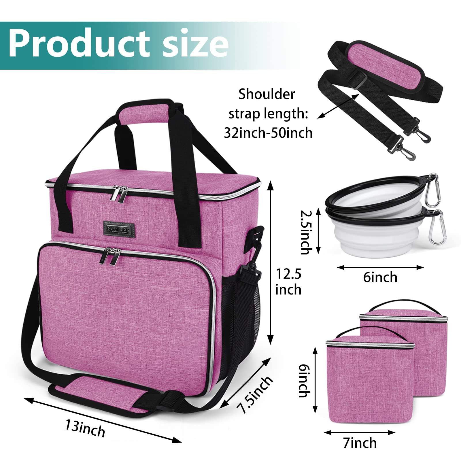 BAGLHER Dog Travel Bag - Waterproof Pet Carrier with 2 Food Containers & Collapsible Bowls | Essential Travel Accessories for Dogs & Cats | Perfect for Road Trips, Airplane Travel & Outdoor Adventures (Pink)