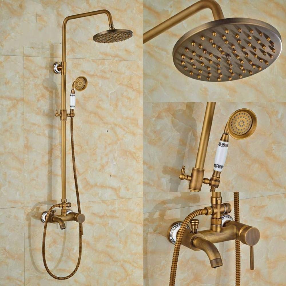 Antique Brass 8-Inch Rain Shower Mixer Faucet with Hand Shower - Single Handle Bathroom Shower Set - Perfect for Modern & Vintage Bathroom Renovations, Spa-Like Experience