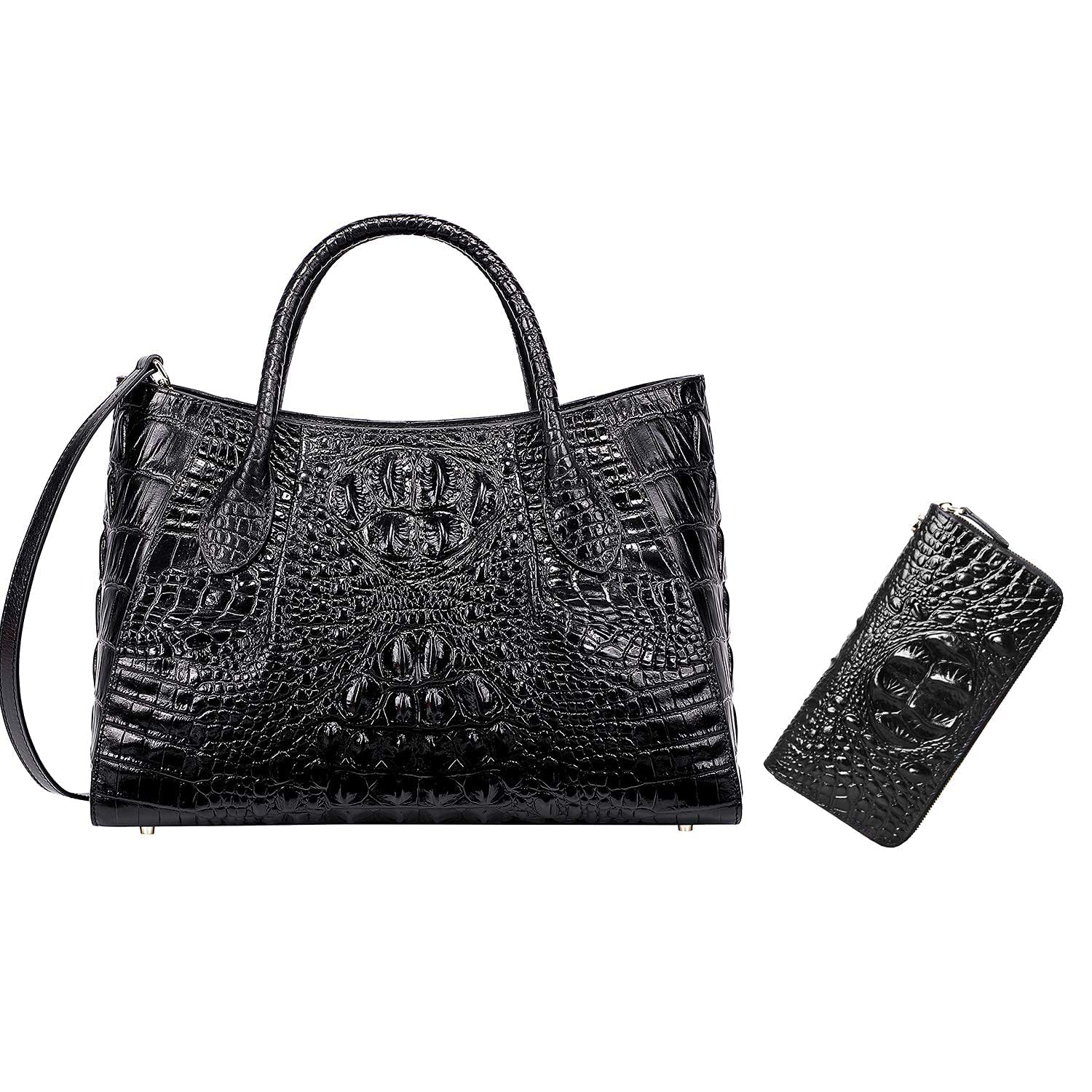 PIJUSHI Women's Crocodile Leather Top Handle Satchel Bag & Matching Wristlet Wallet Set - Elegant Designer Handbag and Clutch Purse for Women, Perfect for Work, Evening Events and Travel Accessories