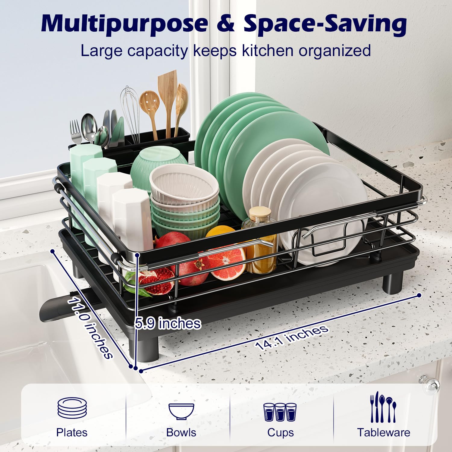 MAJALiS Stainless Steel Dish Drying Rack - Dual Use Kitchen Counter & Sink Organizer with Drain Board & Cutlery Holder (11