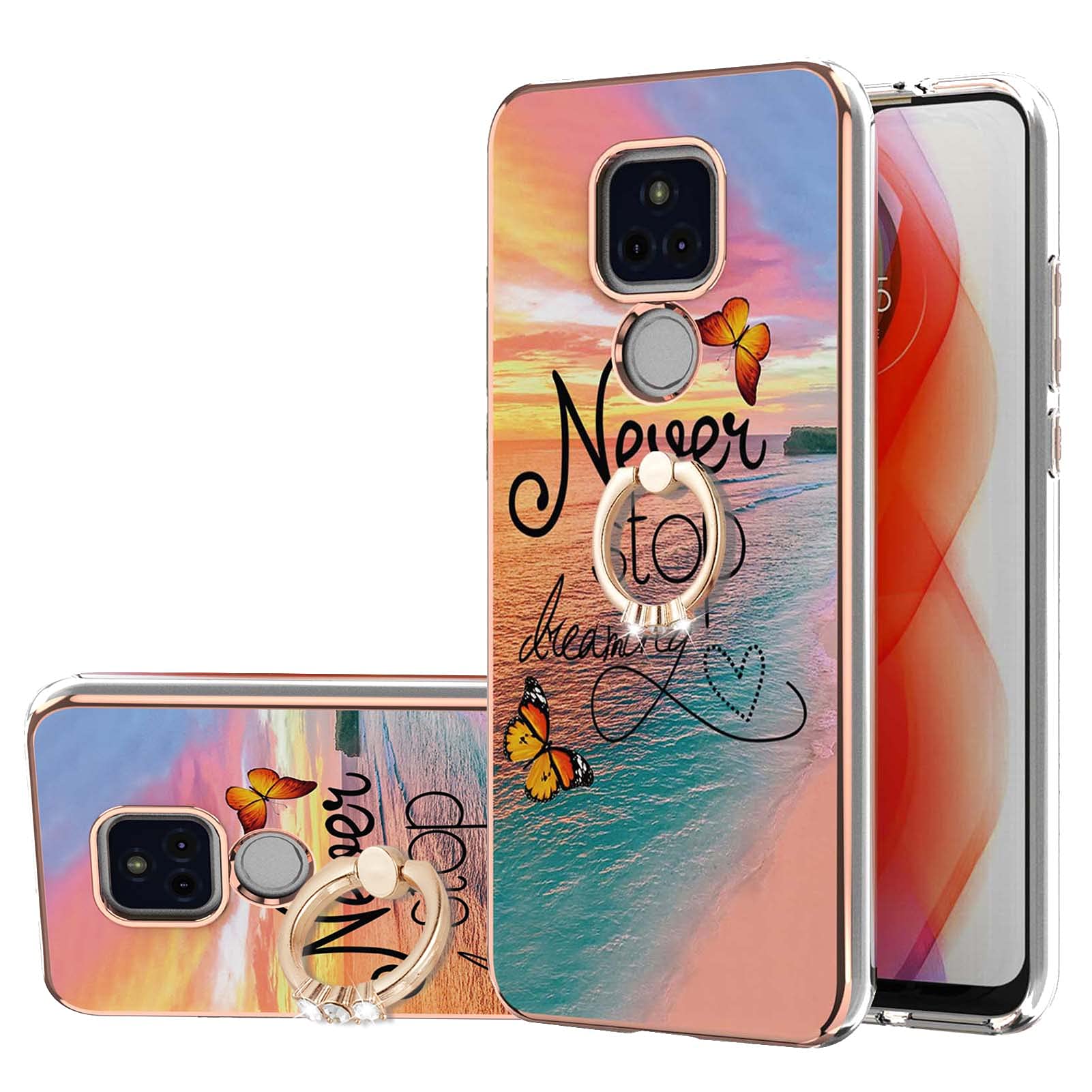 Soft TPU Case for Moto G Play 2021 - Marble Butterfly Design with Colorful IMD Plating & Diamond Finger Ring Kickstand | Protective Phone Cover for Daily Use, Work, and Travel