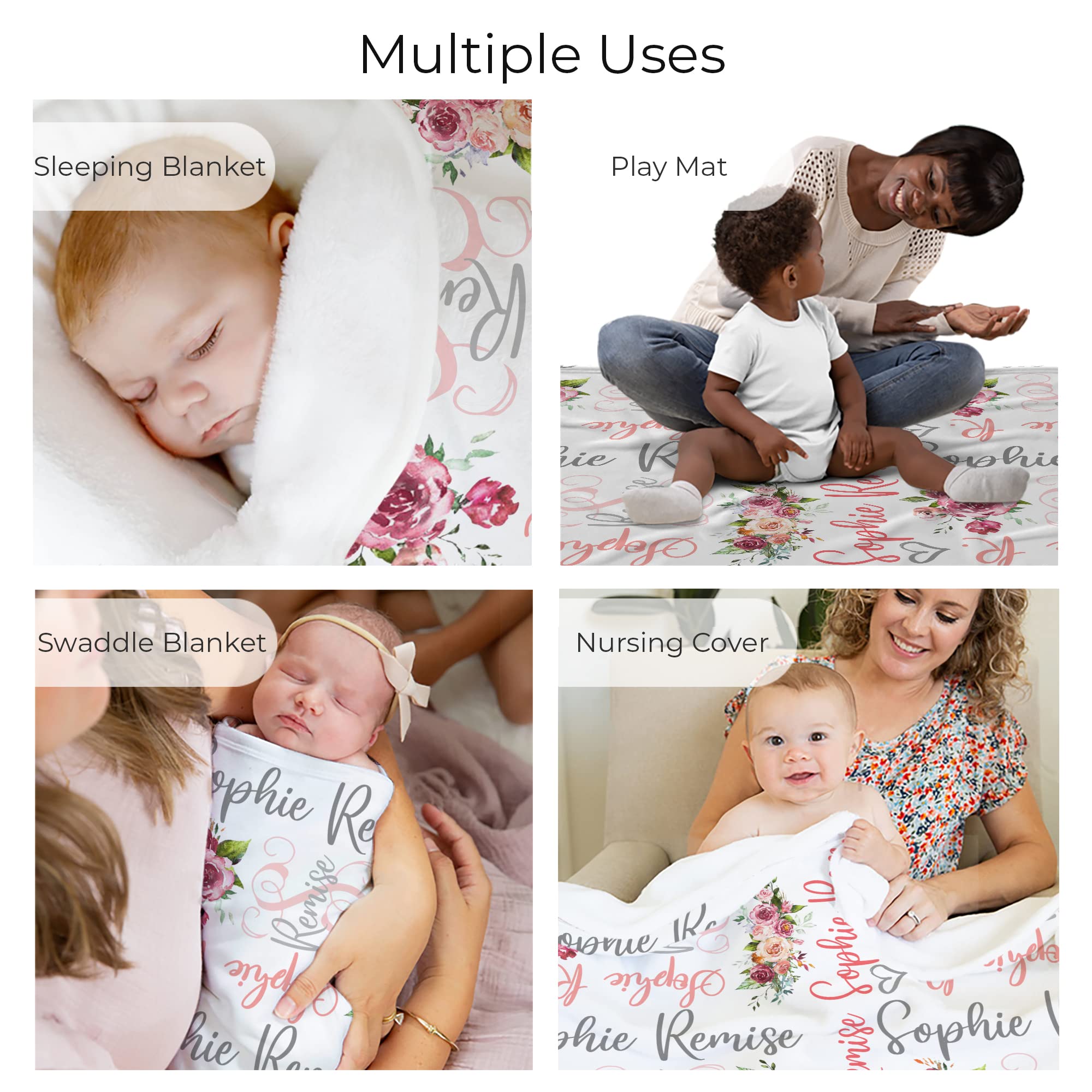 Custom Personalized Baby Blanket for Girls with Name - Monogram HA63 - Soft Nursery Blanket for Newborn Gifts, Christening, Baby Shower & Photo Props