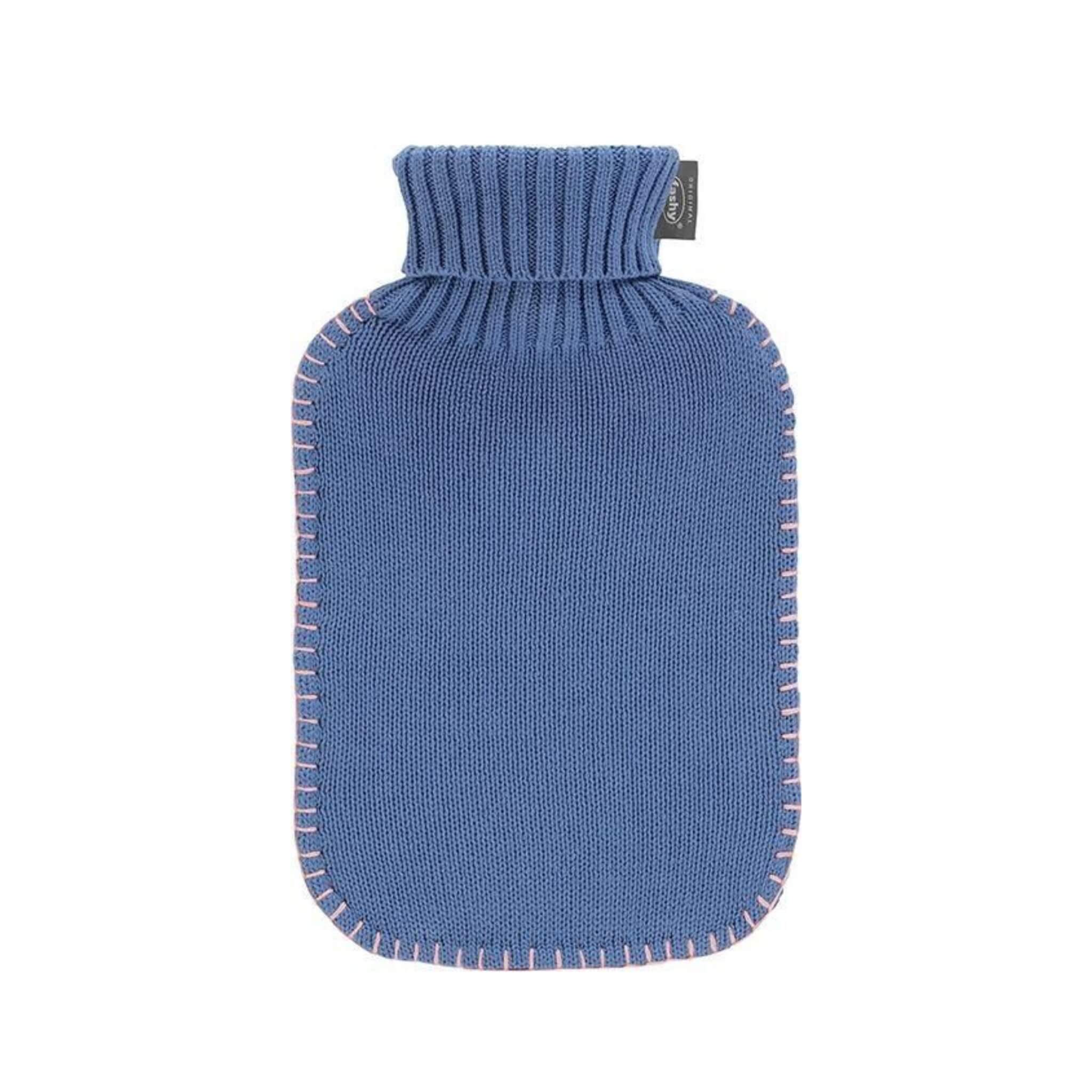 2 Liter Fashy Hot Water Bottle with Blue Knitted Cotton Cover - Warm & Cozy Pain Relief for Cramps, Backache - Perfect for Winter Nights, Bed Warming & Relaxation