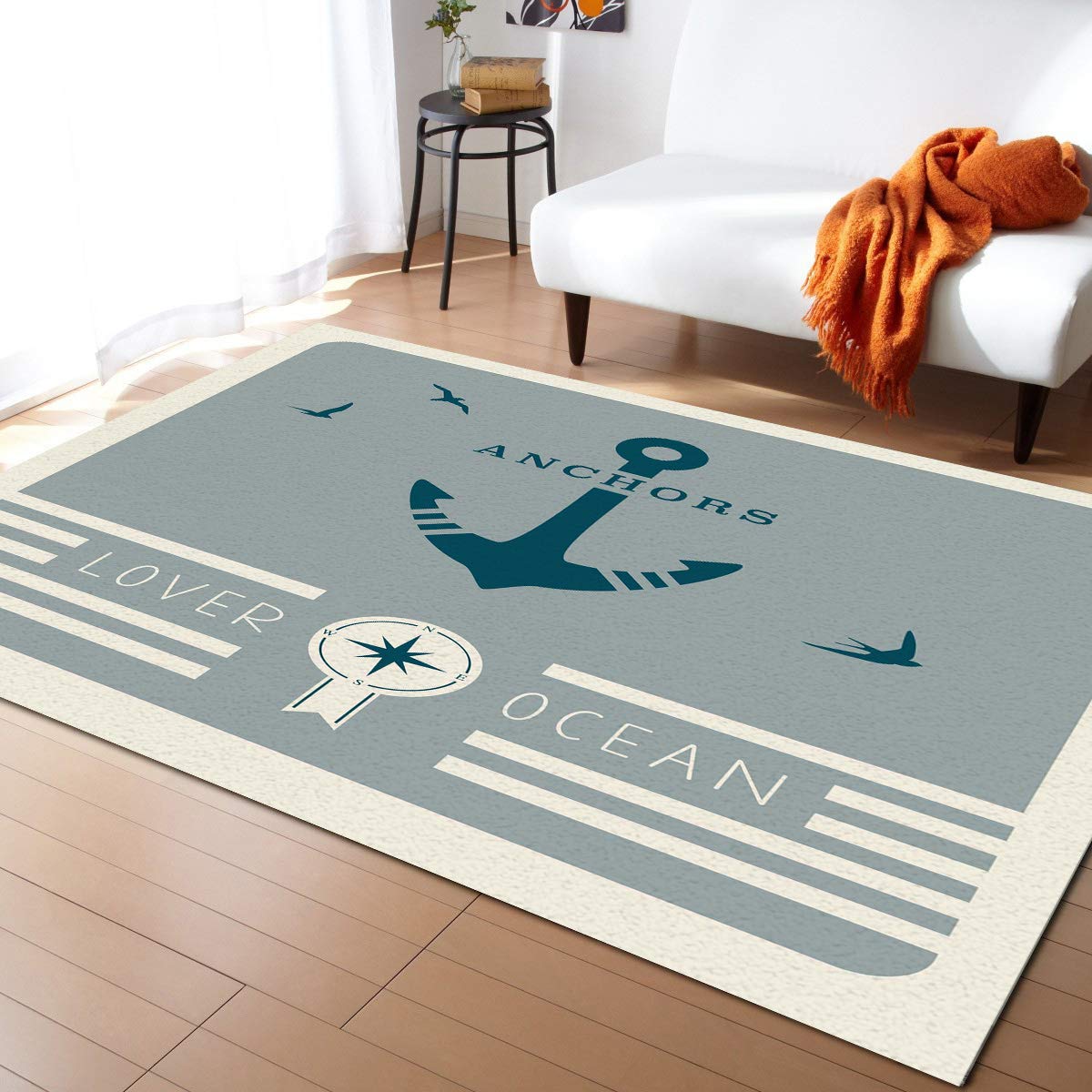 Washable Non-Slip Indoor/Outdoor Accent Rug - 2ft x 3ft Bathroom Mat, Front Door Carpet, Bedroom & Kitchen Floor Decor (Anchor Ocean Design) - Perfect for High-Traffic Areas, Pet-Friendly Homes & Coastal-Themed Spaces