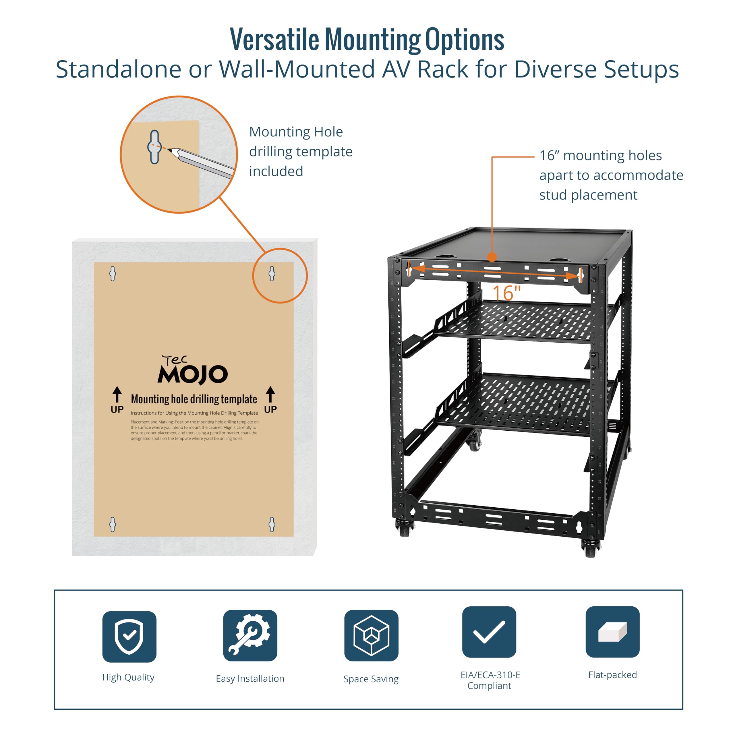 16U Open Frame Network Rack for IT & AV Equipment - 4-Post Server Rack with Casters, Mobile 16U Cabinet for 19
