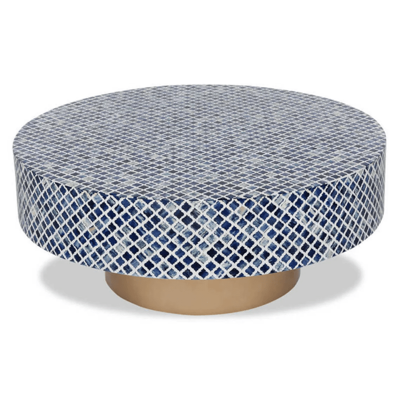 Handmade Bone Inlay Round Coffee Table - Blue Boho Style Living Room Furniture | Modern Center Table for Home Decor, Living Room, Lounge & Office