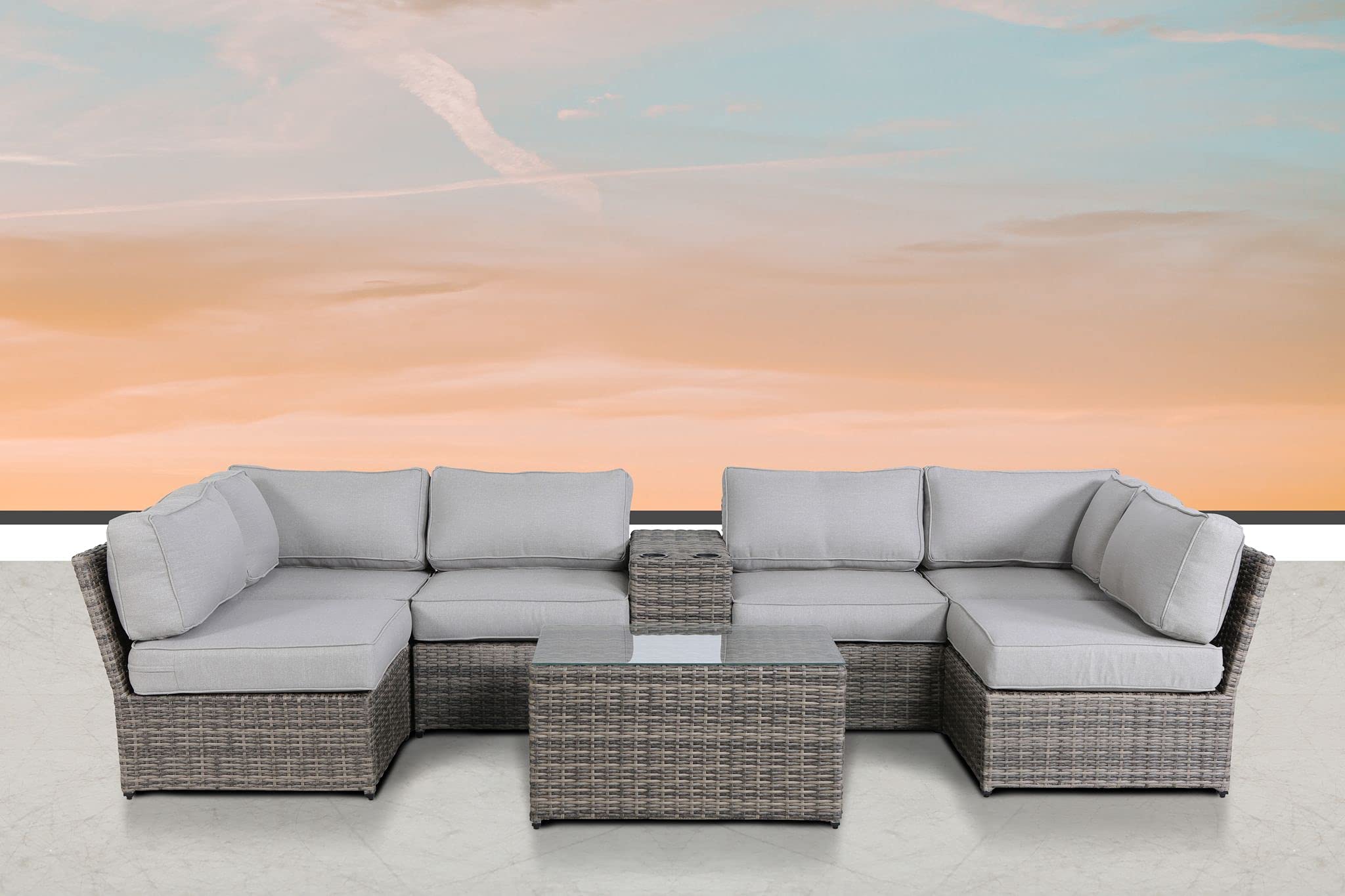 Outdoor Wicker Patio Furniture 8-Piece Sectional Conversation Set - Grey Water-Resistant Sofa for Backyard, Porch, Poolside | No Assembly Required | Perfect for Relaxing & Entertaining Outdoors [CM-5534]