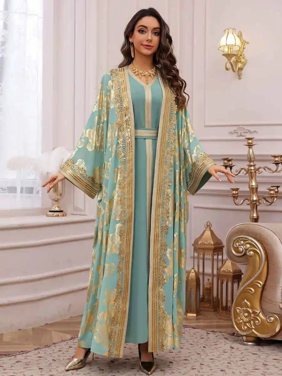 Urgarment 2 Piece Elegant Bronzing Eid Dress Set - Caftan with Inner Sleeveless Dress #25473 | Perfect for Eid Celebrations, Weddings & Special Occasions