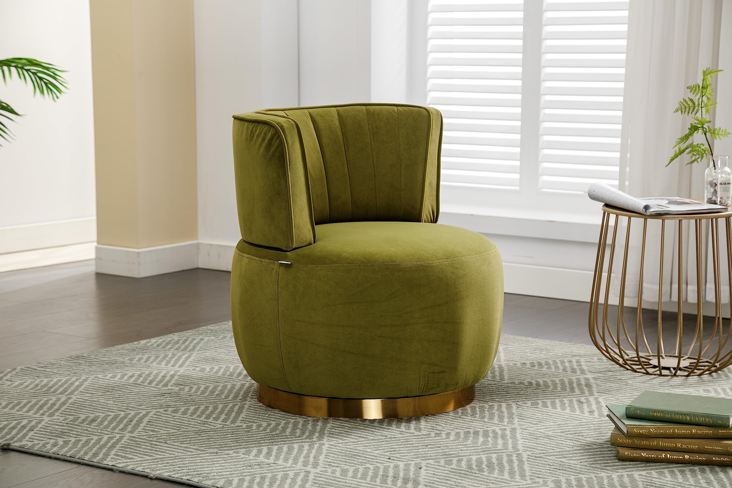 360-Degree Swivel Barrel Chairs Set of 2 - Modern Velvet Upholstered Armchairs with Gold Accent & Sherpa Comfort for Living Room, Bedroom, Office or Nursery - Perfect for Relaxing, Reading & Entertaining (Olive Green)