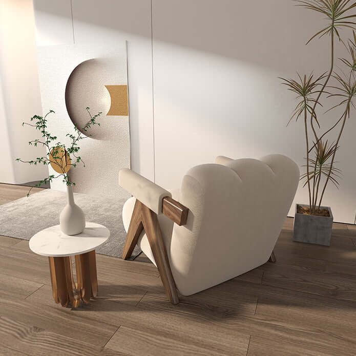 Japandi Style White Velvet Accent Chair with Walnut Wood Frame - Mid-Century Modern Armchair for Living Room, Bedroom & Office - Cozy Seating for Home Decor & Relaxation