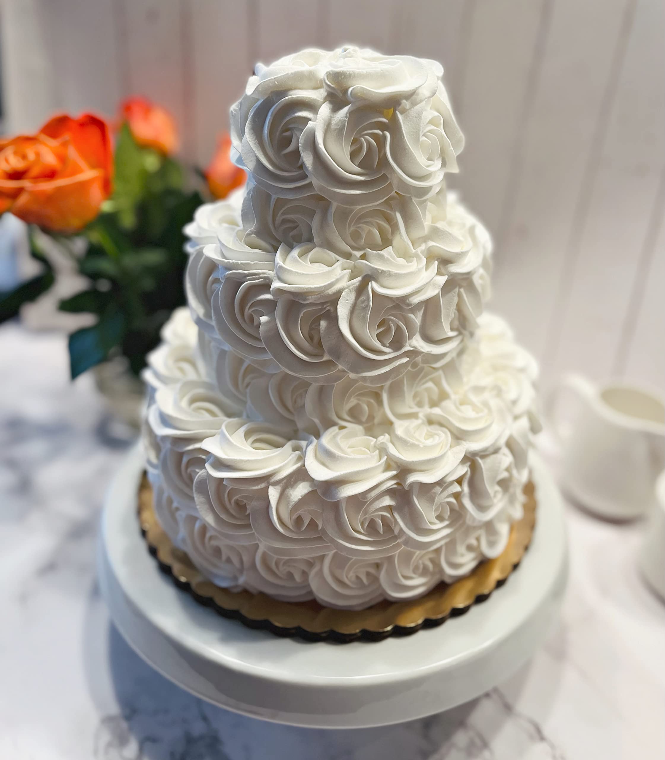 Dezicakes Handmade 3-Tier Fake Wedding Cake with White Rosette - Artificial Cake for Wedding Decor, Photo Props & Party Centerpieces