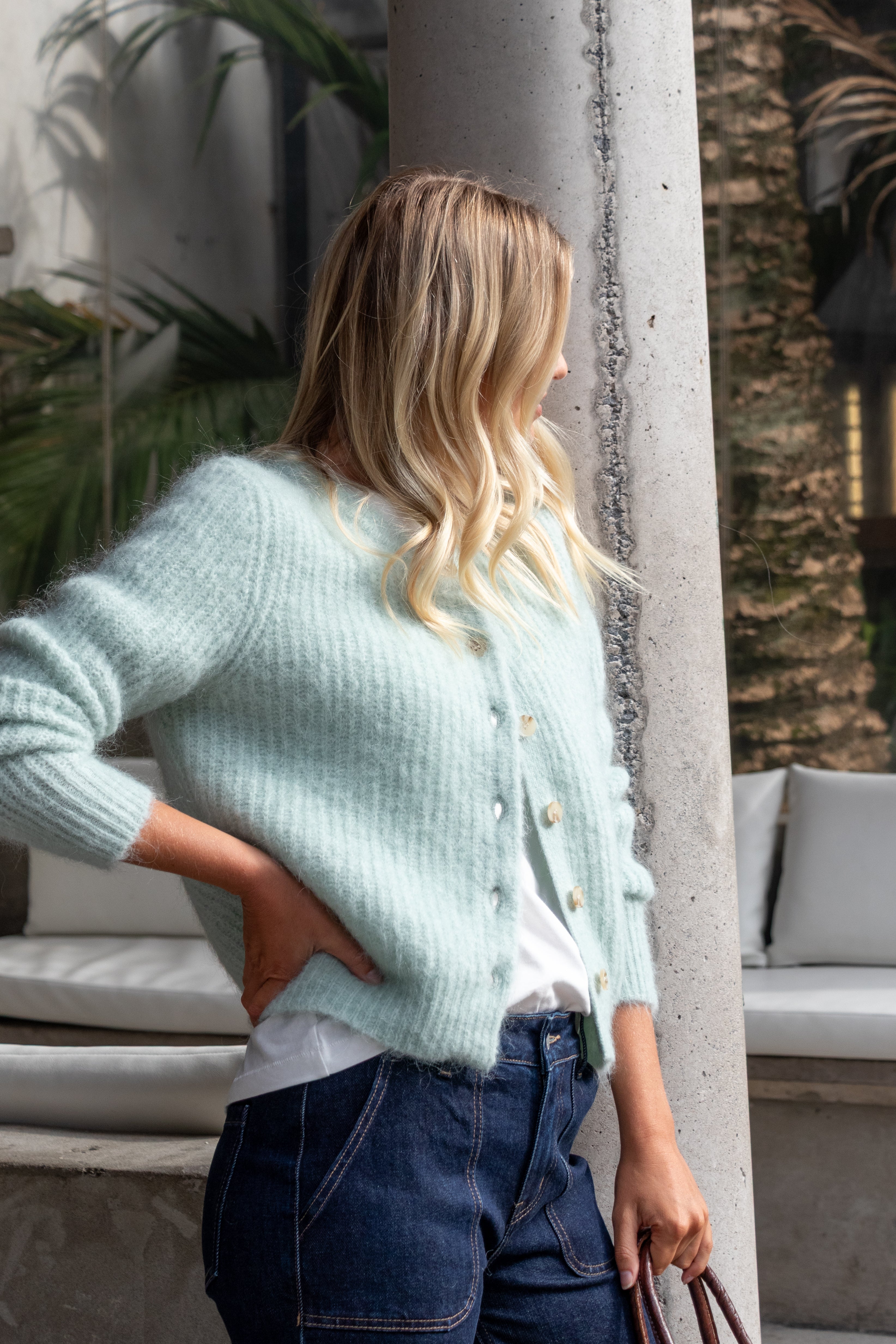 Stylish Compound Sea Foam Mohair Blend Crewneck Cardigan - Soft Chunky Knit Sweater for Women | Perfect for Fall & Winter Layering, Casual Outfits, and Cozy Home Wear