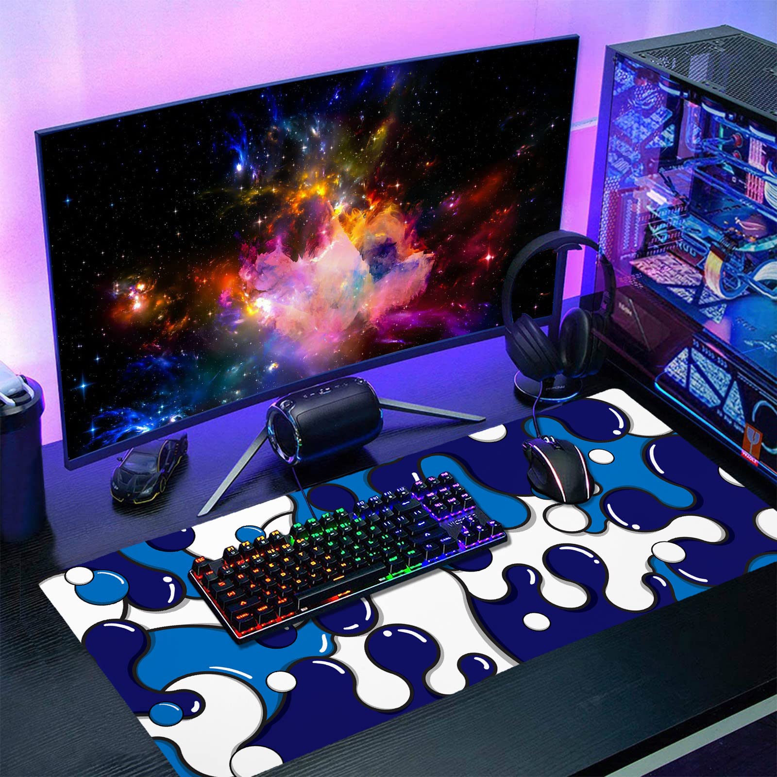 Anime Geometric Japanese Extended Gaming Mouse Pad - Navy Blue & White XXL Non-Slip Rubber Base (90x40cm/35.4x15.7in) with Stitched Edge - Perfect for Gaming, Laptop & Computer Desktop Workspace
