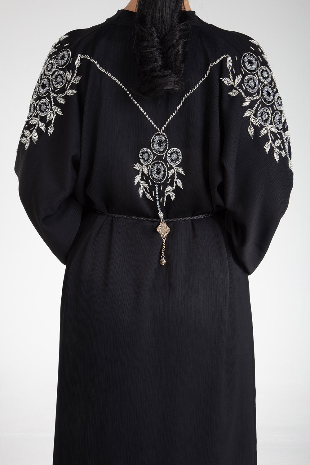 Elegant Black Floral Open Abaya for Women - Modest Muslim Prayer Dress, Evening Wear & Special Occasions