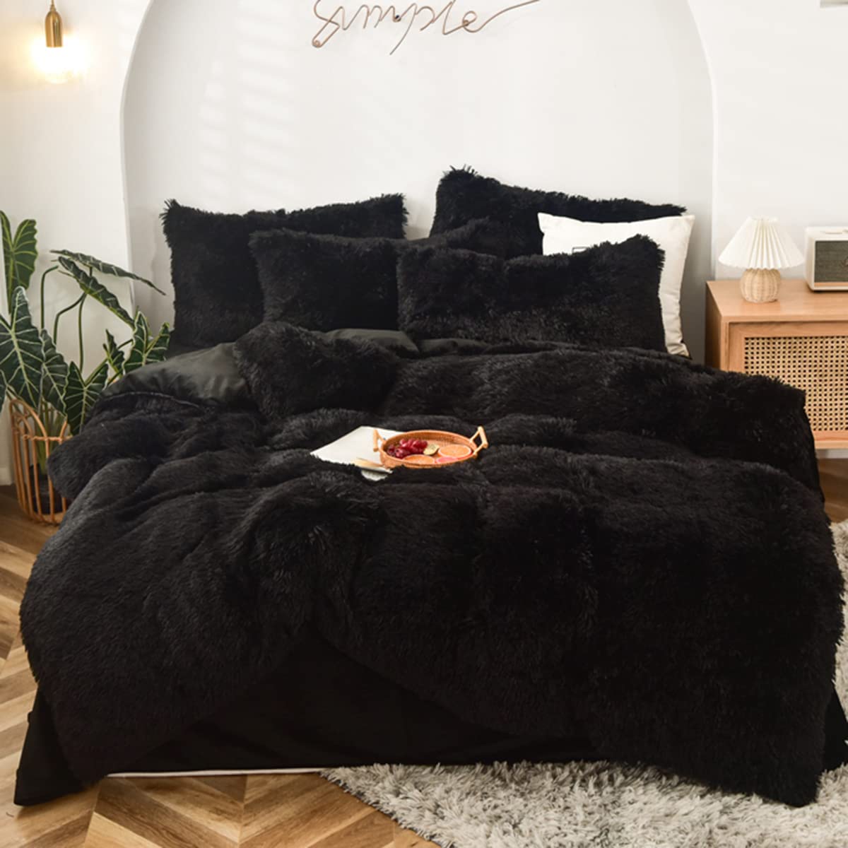 MorroMorn 5-Piece Shaggy Duvet Cover Set - Ultra Soft Fluffy Faux Fur Comforter Cover | Full/Queen Size Luxury Bedding in Black | Perfect for Cozy Winter Nights & Stylish Bedroom Decor