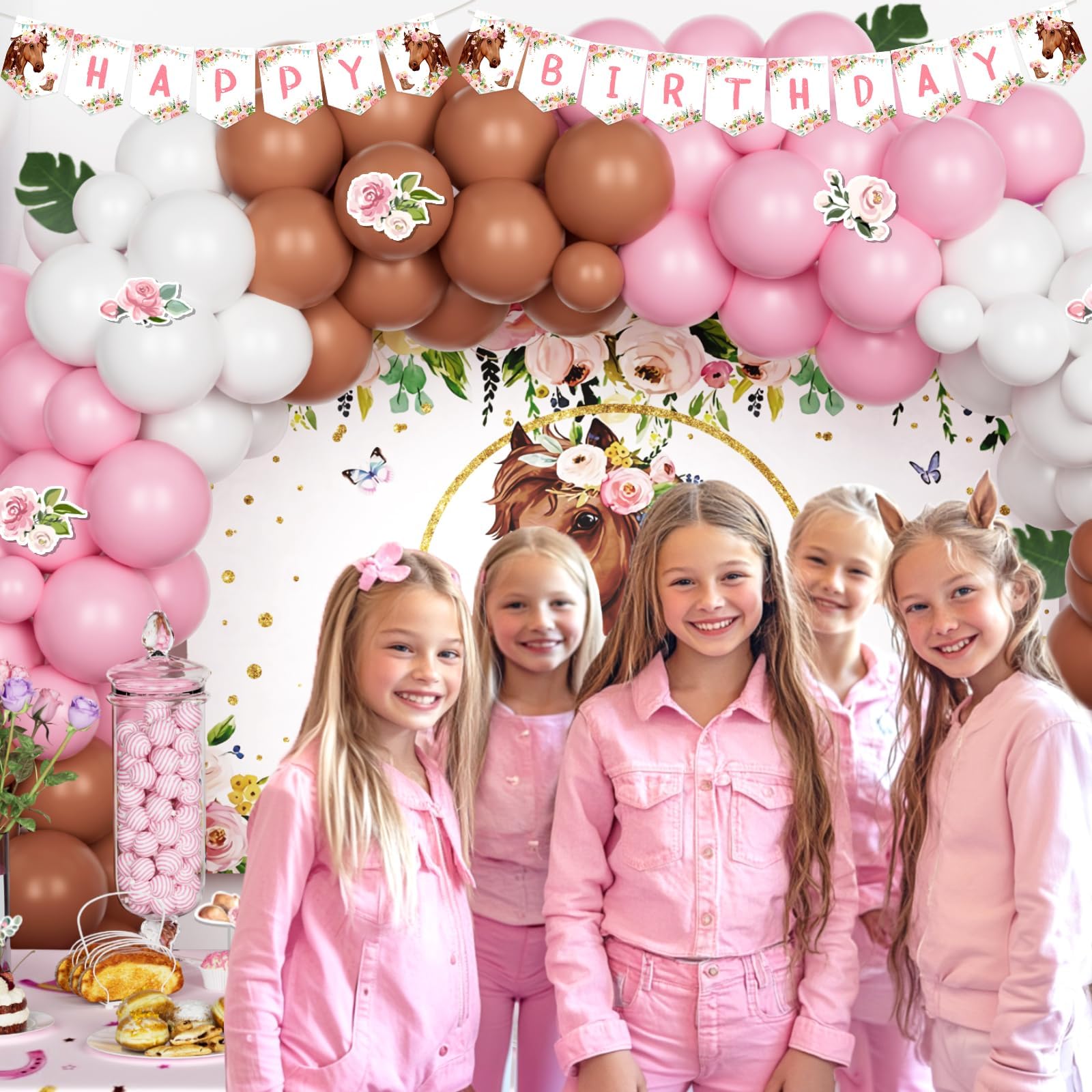 Horse Themed Birthday Party Decorations for Girls - Western Cowgirl Party Supplies Set with Backdrop, Balloons, Leaves, Happy Birthday Banner, Tablecloth, Cake Topper in Floral Pink & Brown | Perfect for Western-Themed Birthday Parties, Baby Showers & Cowgirl Celebrations