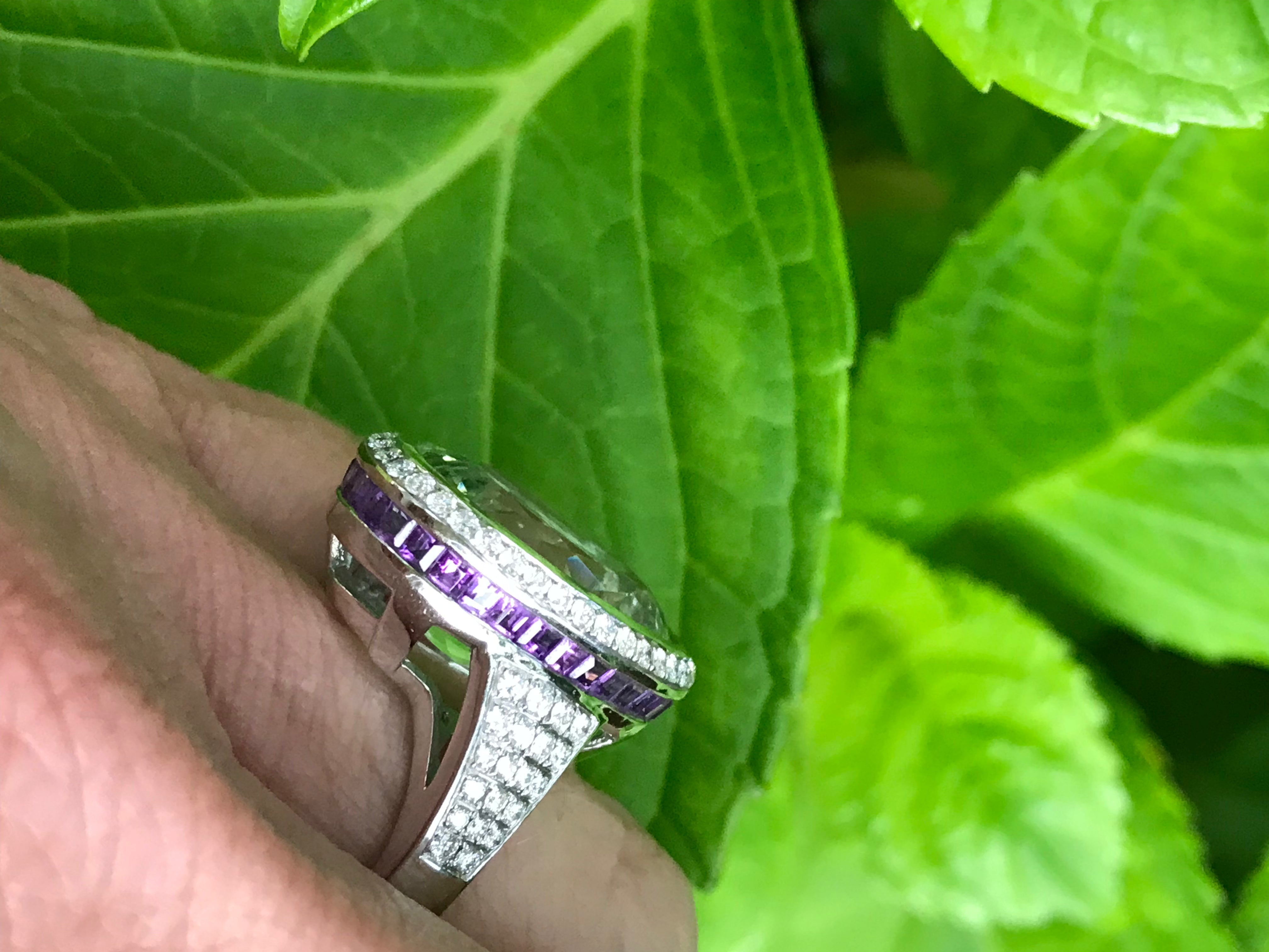 18ct White Gold 14.32ct Green Beryl Ring with Amethyst & Diamond Accents - Elegant Statement Jewelry for Weddings, Anniversaries & Special Occasions