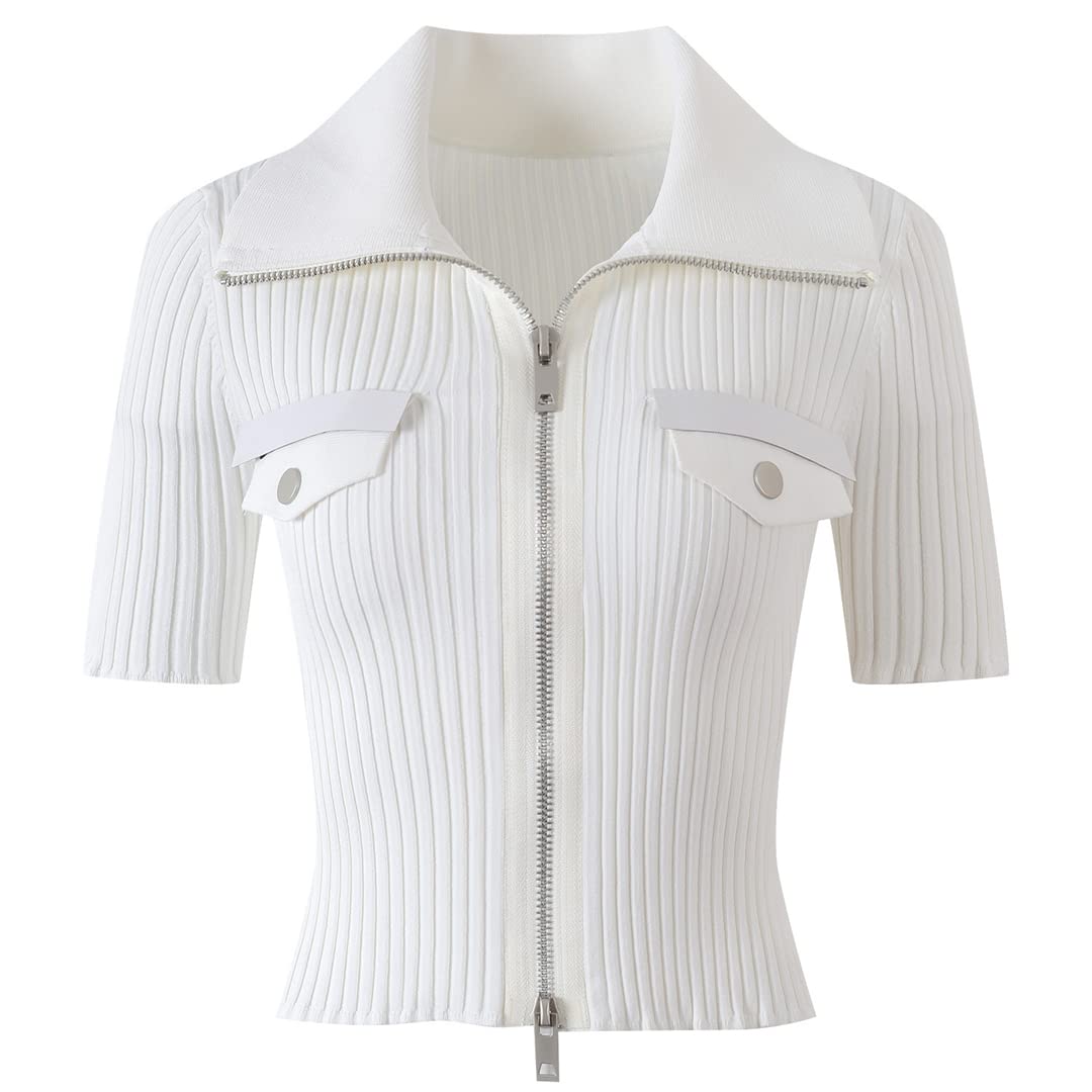 Women's White & Black Knitted Cardigan with Zipper - Short Sleeve Casual Top for Spring/Summer | Perfect for Office Wear, Date Night & Weekend Outfits