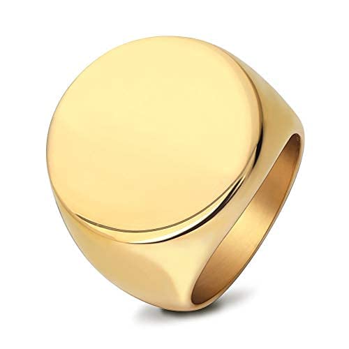 Gold IP Round Signet Stainless Steel Ring for Men & Women - Classic Engraved Jewelry Gift for Weddings, Anniversaries & Special Occasions