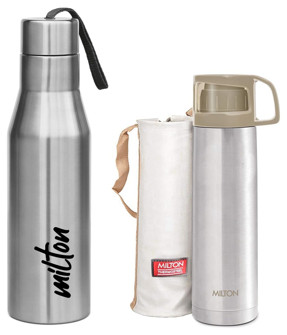 Milton Glassy 750 Thermosteel Water Bottle with Drinking Cup Lid - 750ml Insulated Stainless Steel Water Bottle, Grey | Milton Super 1000 Stainless Steel Water Bottle - 1000ml Vacuum Insulated Thermos, Silver | Perfect for Hiking, Gym & Outdoor Activities