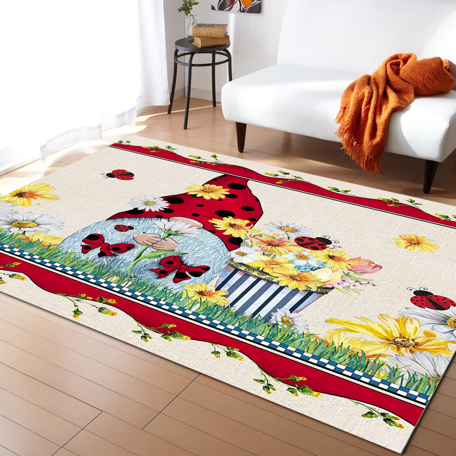 Rustic Sunflower Area Runner Rug 5'x8' - Washable Indoor Outdoor Rug for Kitchen, Living Room, Bathroom, Bedroom & Laundry Room - Farmhouse Country Decor with Daisy & Plaid Design - Perfect for Spring Home Decor, Classroom Mats & Welcome Doormats