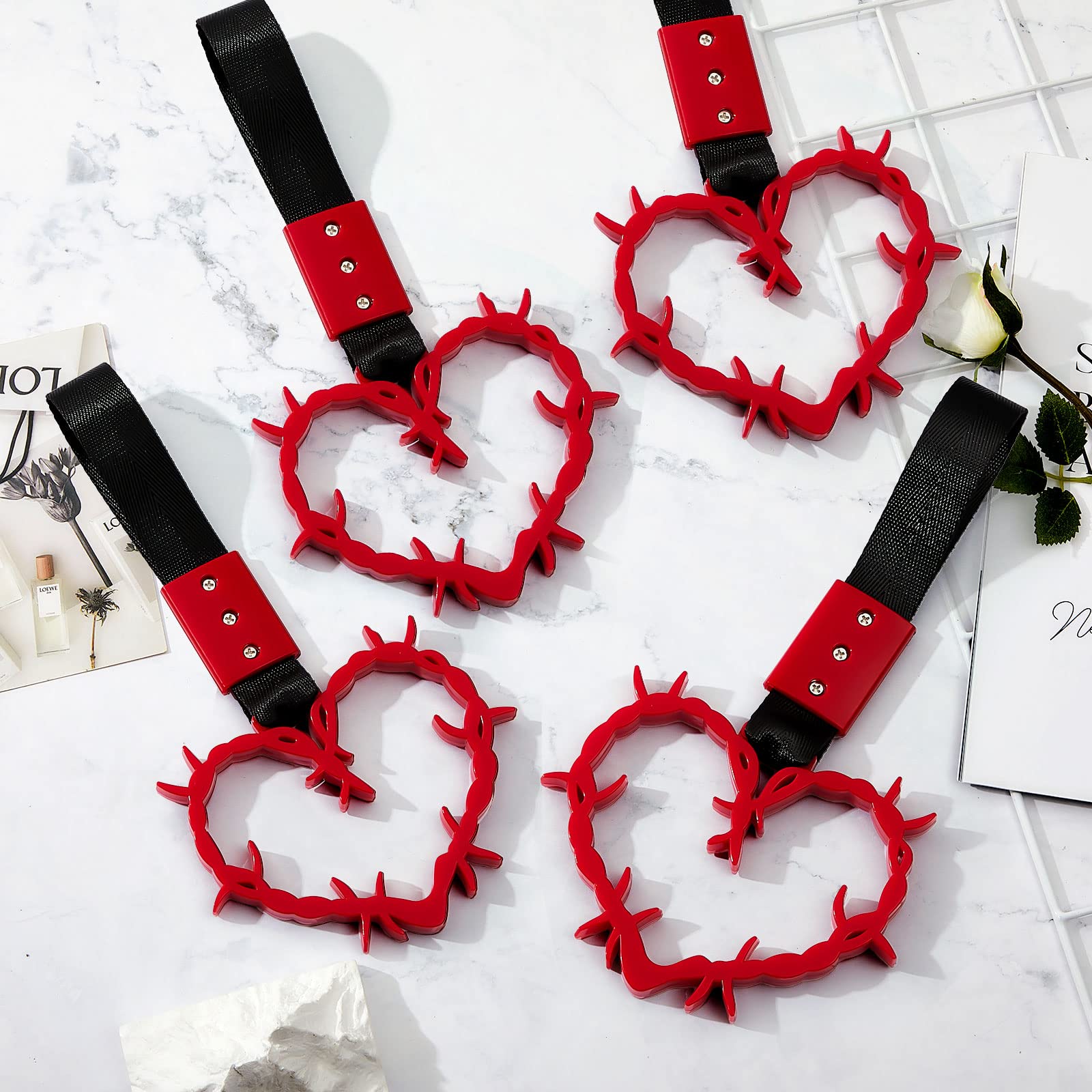 Car Handle Straps - Exterior Hang Rings & Drift Decorative Hand Straps for Cars, Subway, Train, Bus - Red Thorns Design for Rear Bumper Warning & Safety - Perfect for Commuting, Road Trips & Vehicle Protection