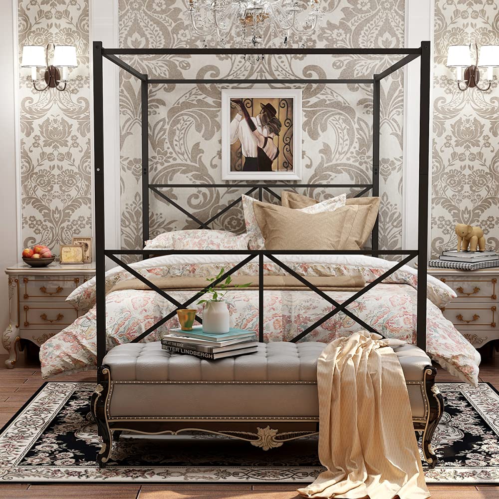 Queen Size Metal Canopy Bed Frame - No Box Spring Needed, Sturdy X-Shaped Design for Bedroom & Guest Room Decor