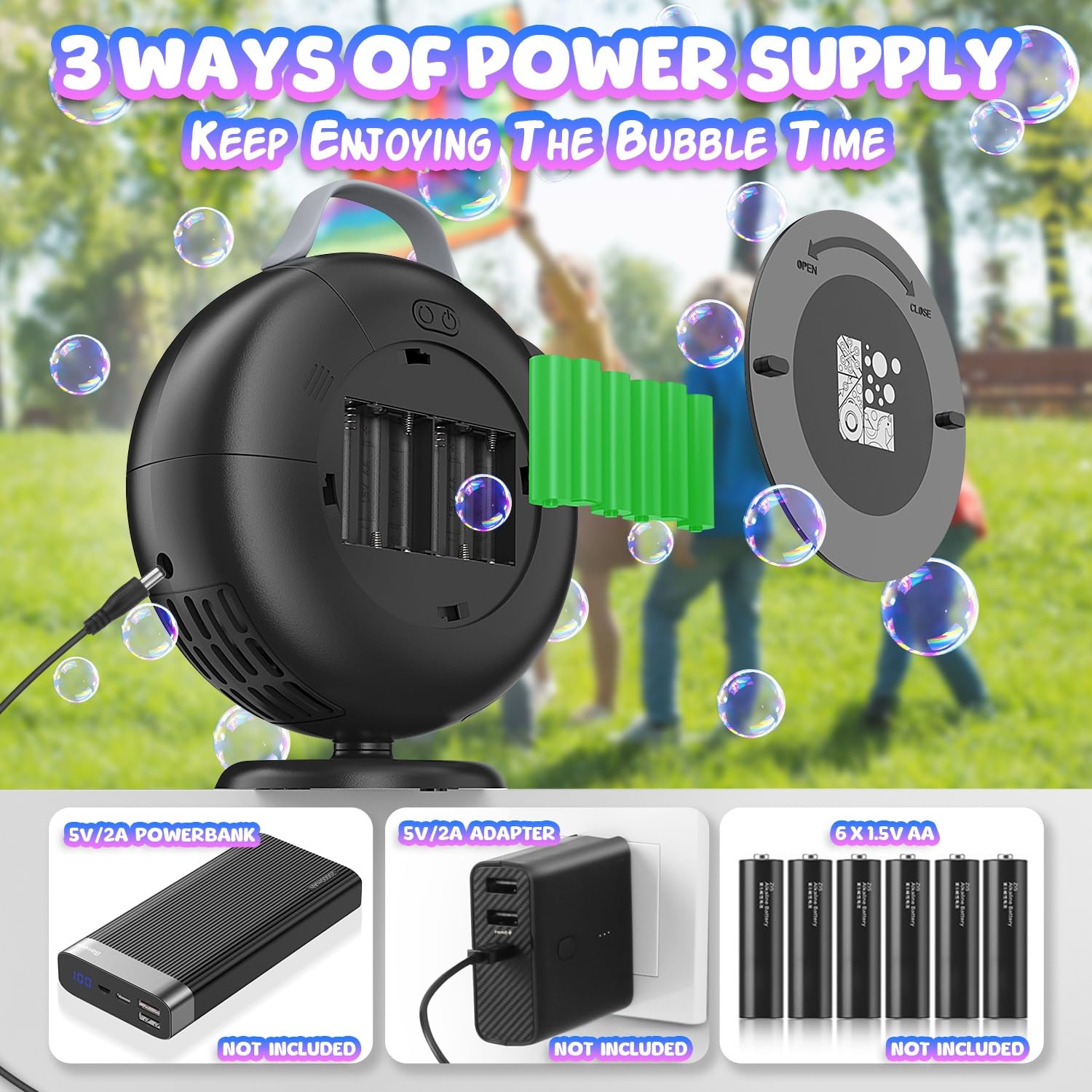 Automatic Bubble Blower Machine for Kids - 8000+ Bubbles Per Minute, 90°-200° Adjustable Oscillation, Electric Plug-in or Battery Powered Bubble Maker Toy for Outdoor Birthday Parties, Garden Play & Summer Fun - Black