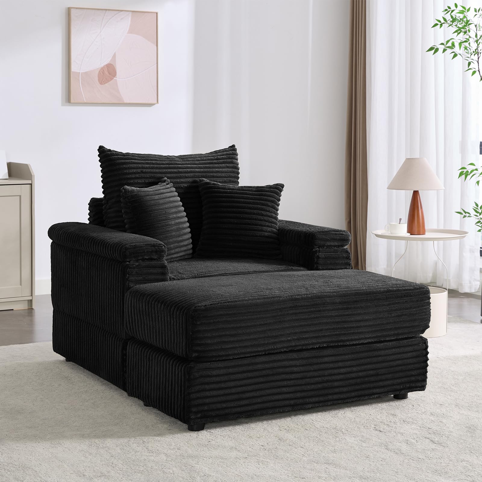 Oversized Chaise Lounge Chair with Ottoman - Reclining Upholstered Corduroy Sofa for Living Room, Comfy Sleeper Chair in Black (42.5