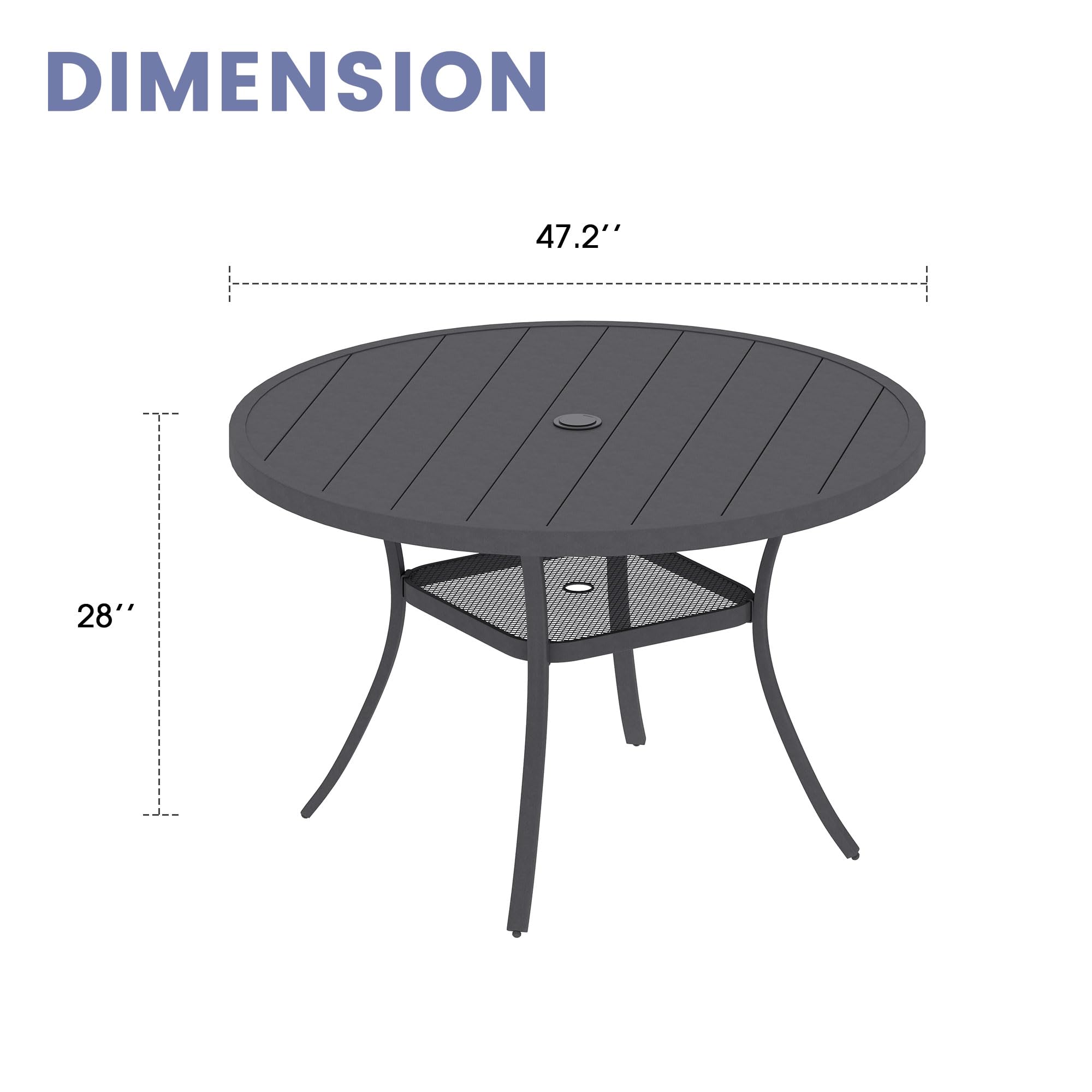 VICLLAX 47 Inch Round Outdoor Patio Dining Table with Adjustable Umbrella Hole - Metal Slatted Tabletop for Deck, Lawn, Garden & Backyard - Dark Grey - Perfect for Outdoor Entertaining, BBQs, and Family Gatherings