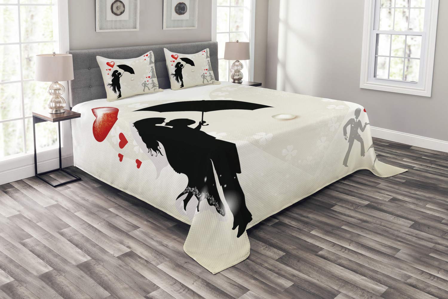 Ambesonne Romantic Wedding Bedspread Set - King Size 3-Piece Bedding with Love Umbrella & Red Hearts Design, Black White Red Daisies Pattern - Perfect for Anniversary, Valentine's Day & Couples Bedroom Decor