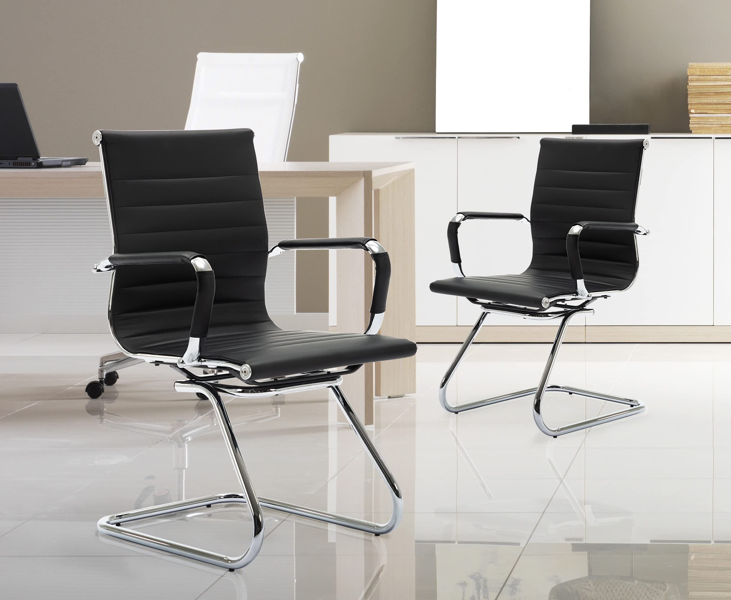 Wahson Office Guest Chairs - 6 Pack Leather Mid Back Conference Chairs with Sled Base, No Wheels Reception & Waiting Room Chairs for Meeting, Lobby, Restroom - Perfect for Office Waiting Areas, Conference Rooms, and Professional Spaces (Black)