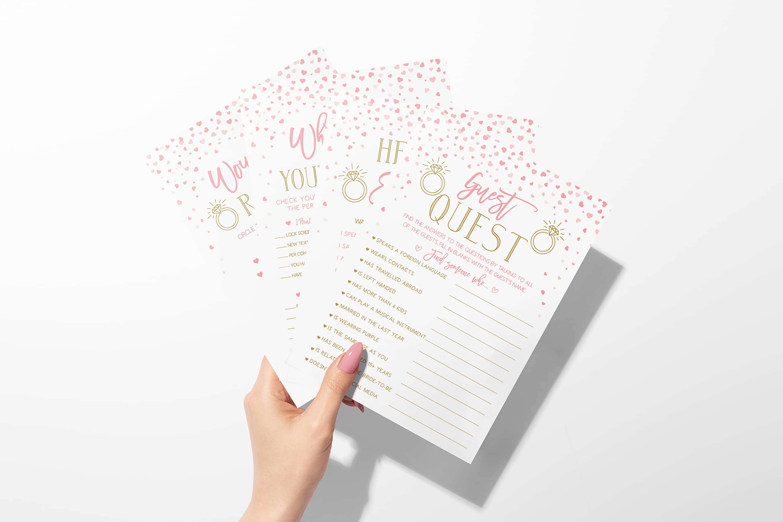 25 Fun Bridal Shower & Bachelorette Party Games Set - Pink & Gold Heart Themed - Includes He Said She Said, Find The Guest, Would She Rather & What's In Your Phone - Double-Sided Printed Cards - Perfect for Wedding Showers, Girls Night & Bachelorette Party Activities